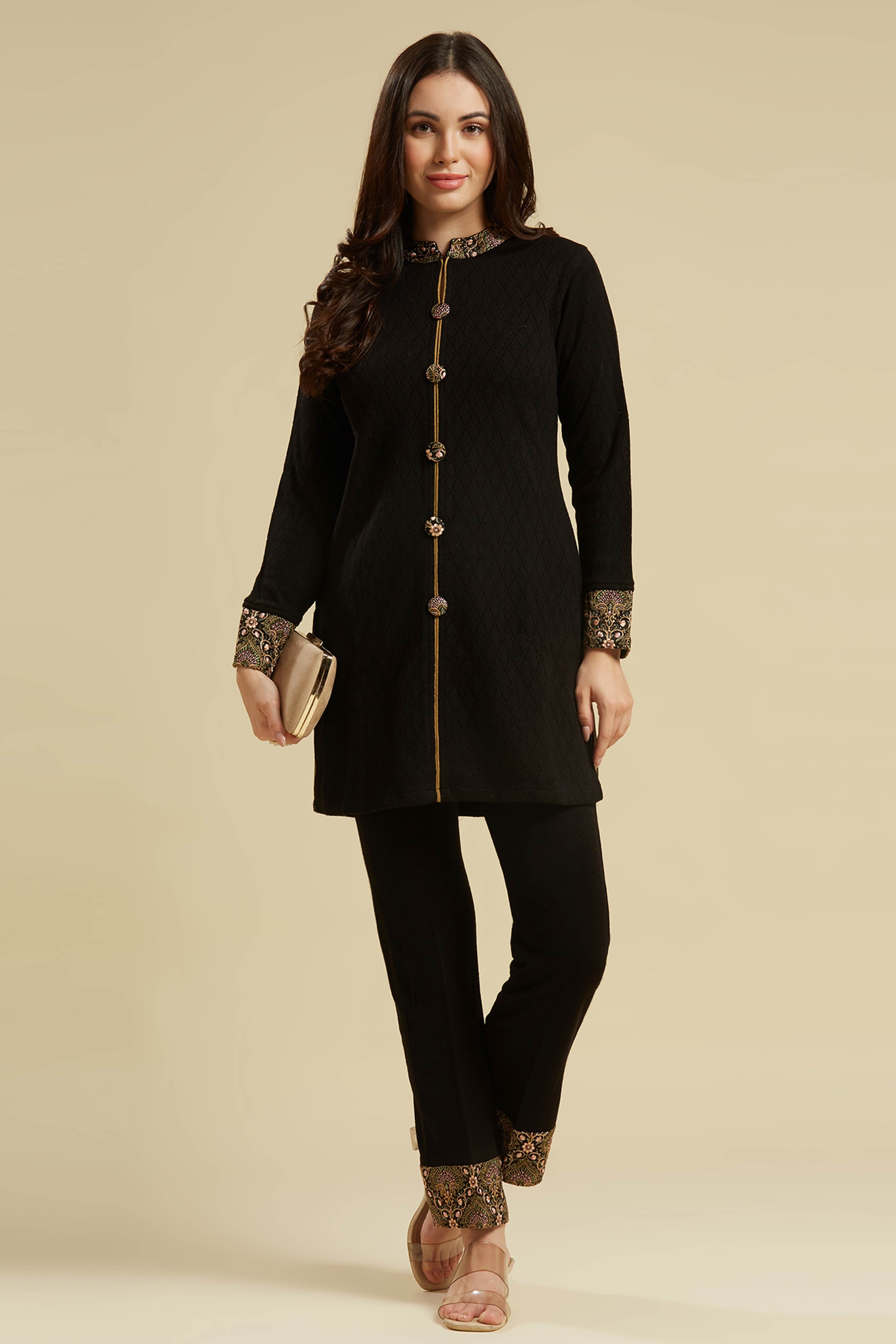 Black Woven Woolen Front Slit Top Bottom Set