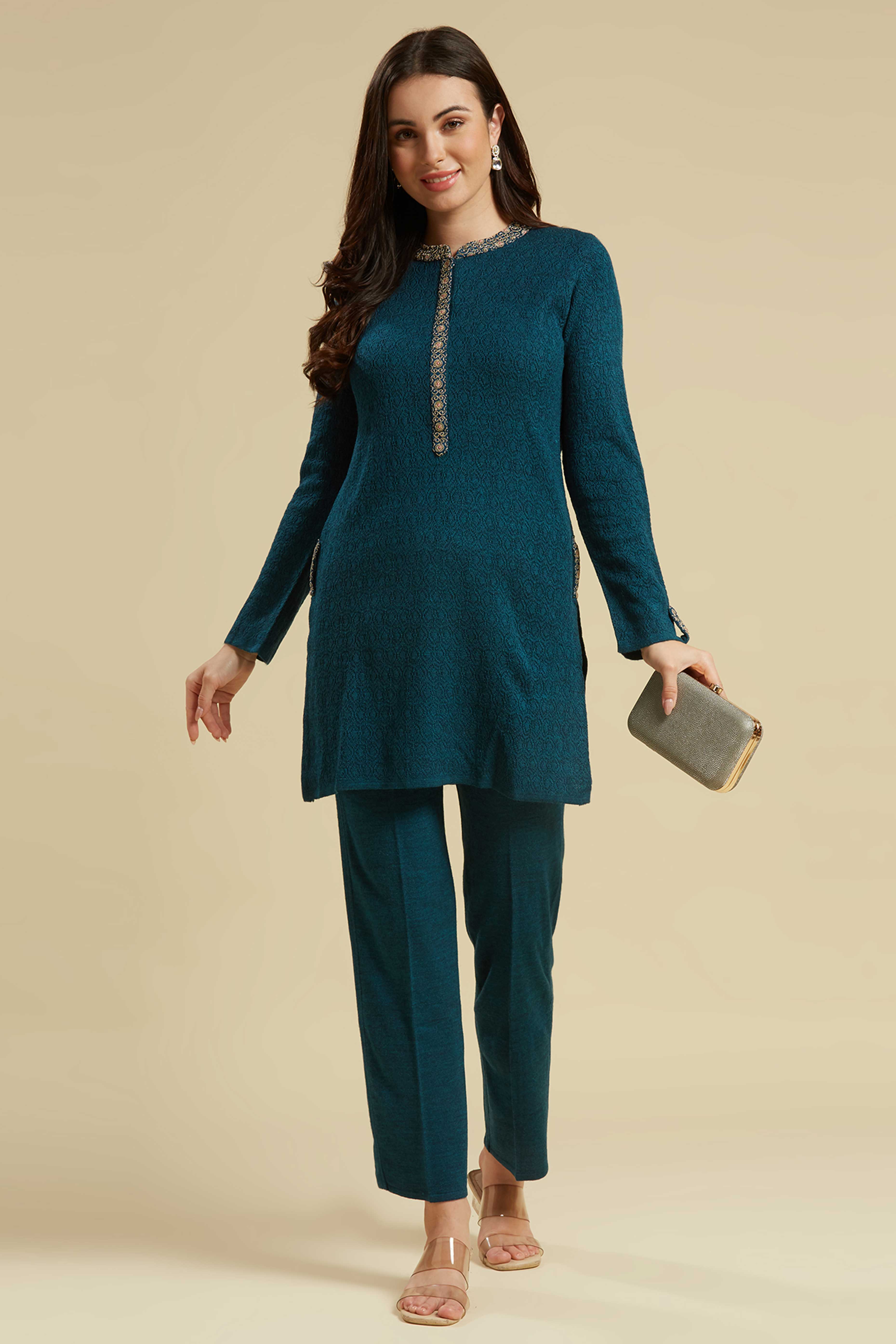 Teal Woven Woolen Straight Top Bottom Set