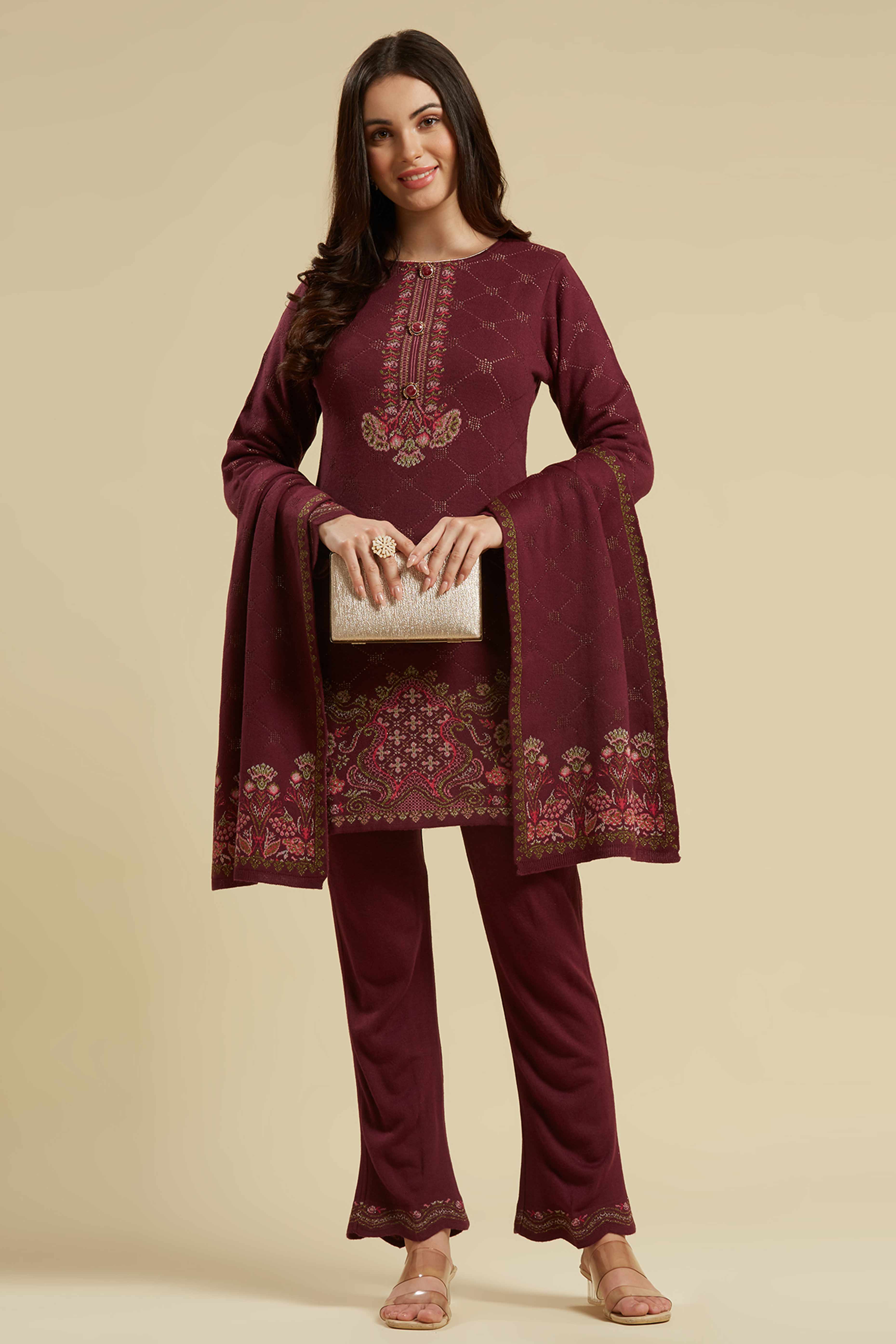 Wine Woven Woolen Straight Salwar Suit