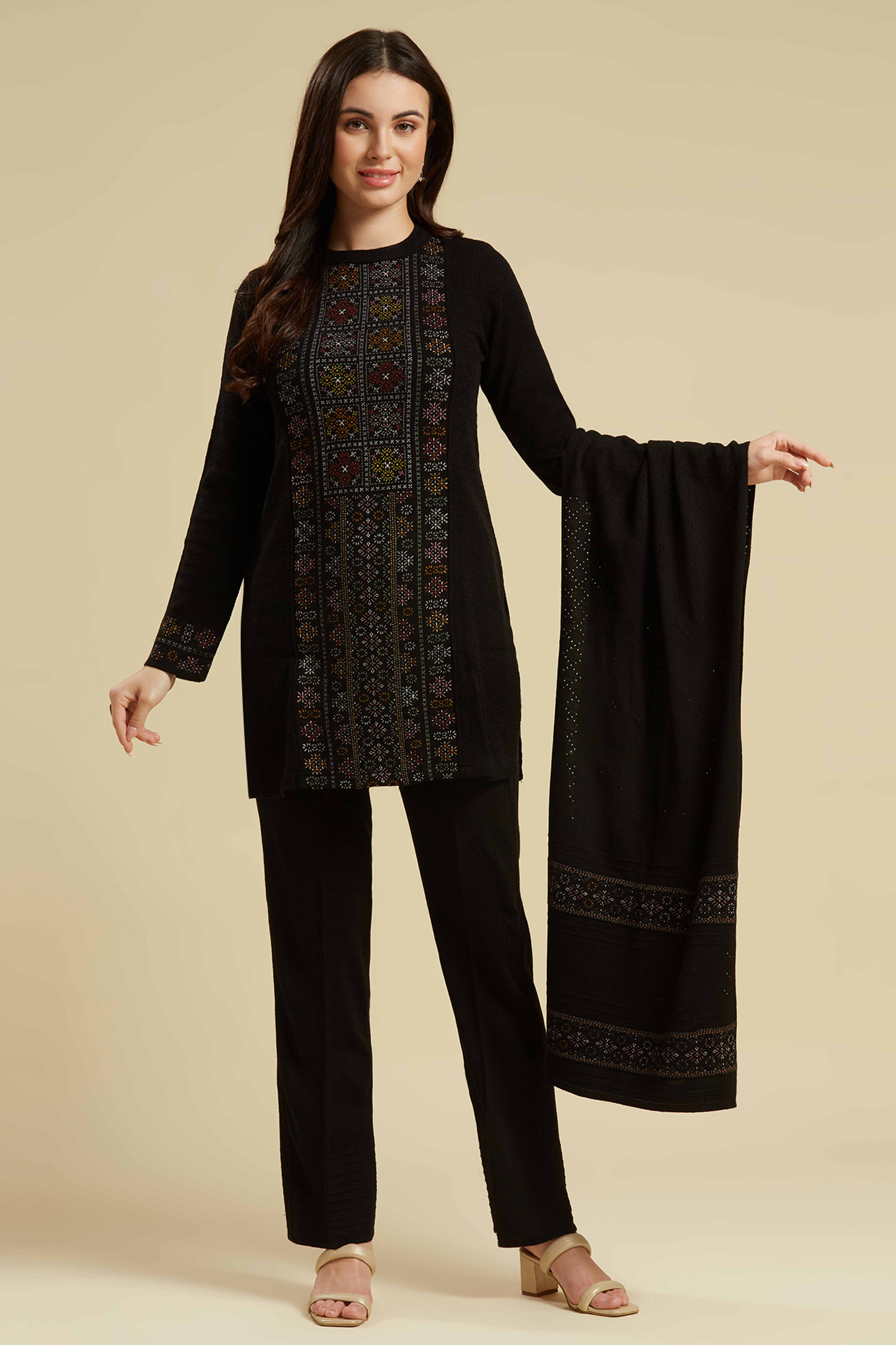 Black Woven Woolen Straight Salwar Suit