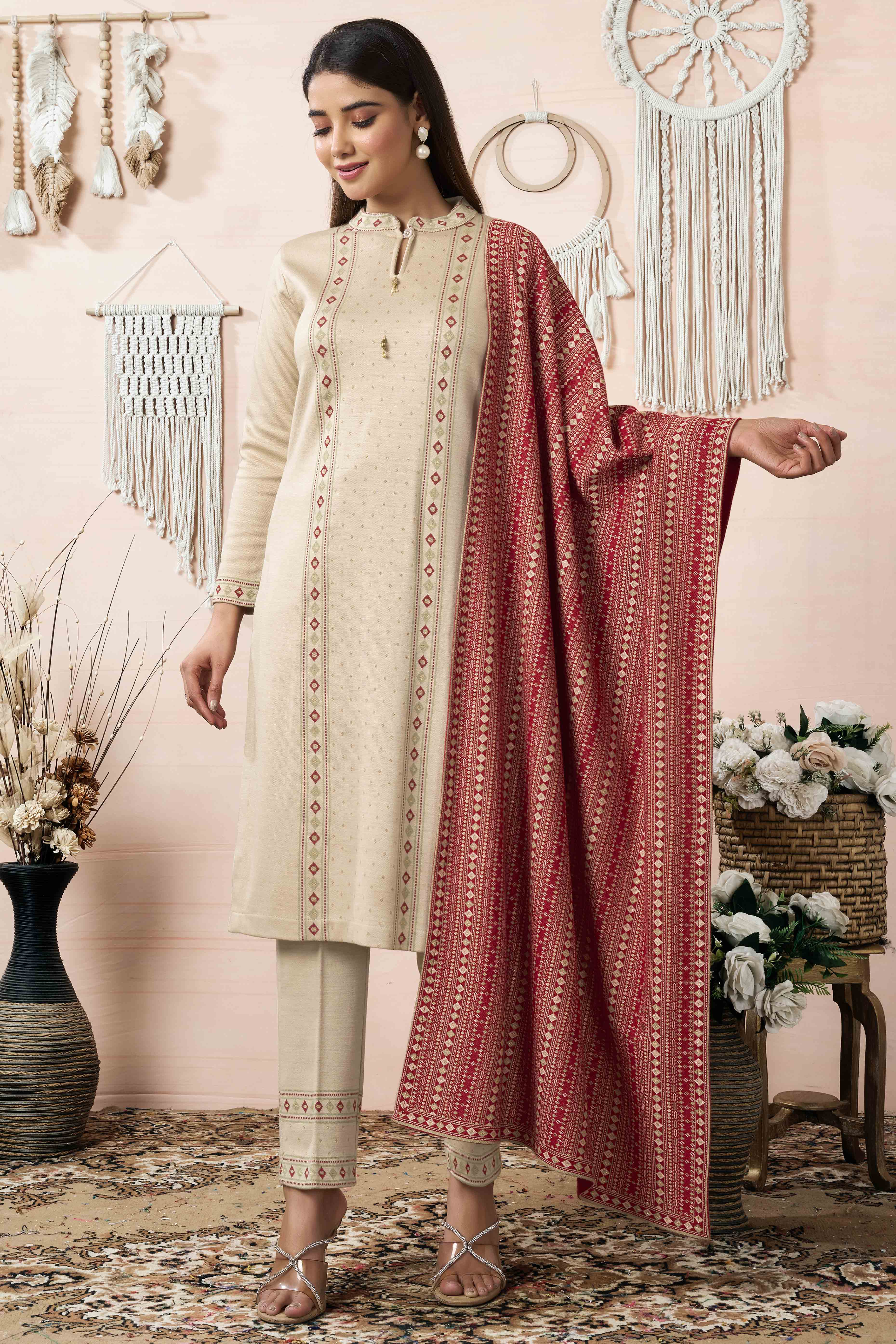 Beige Weaving Woolen Straight Salwar Suit