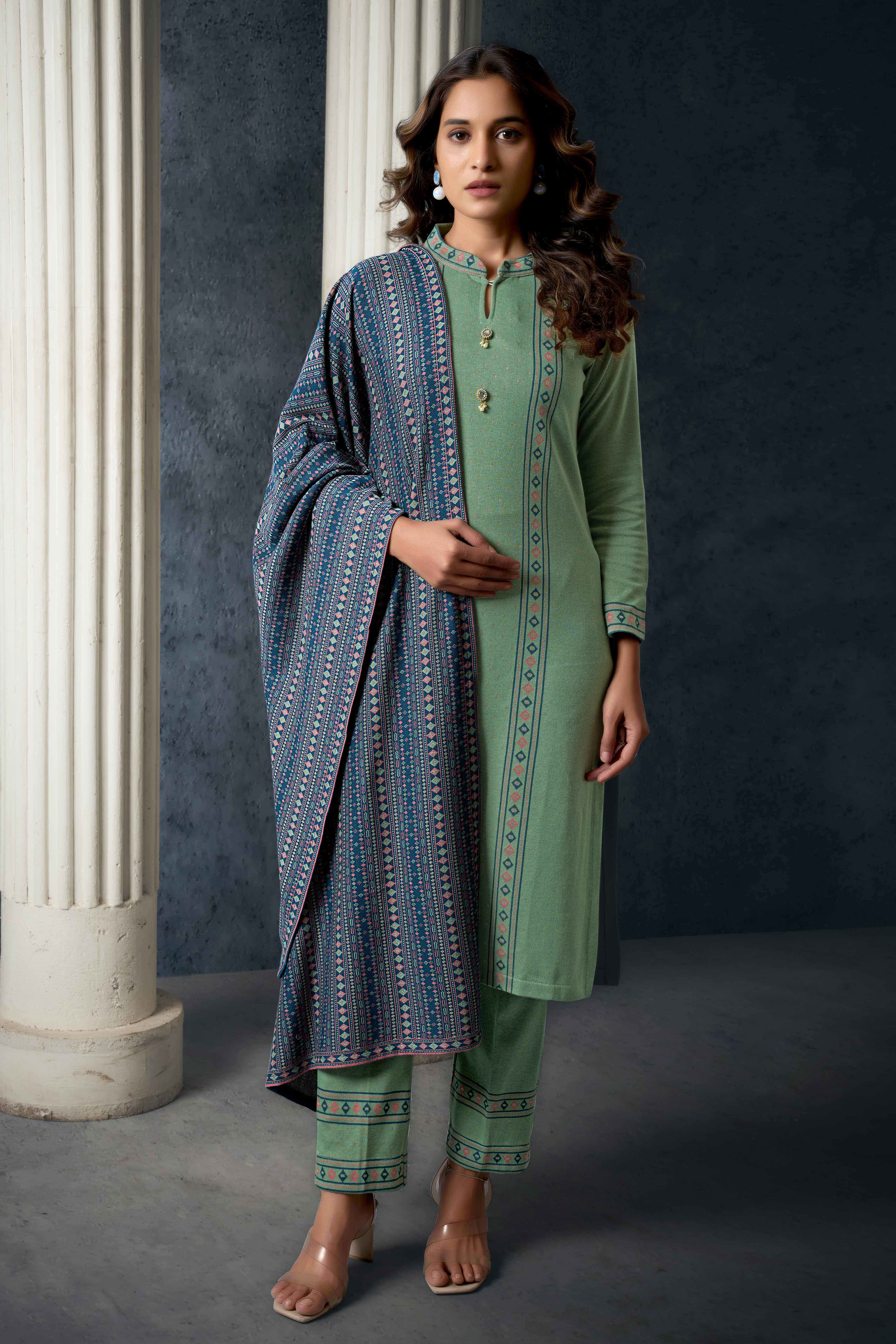 Green Weaving Woolen Straight Salwar Suit