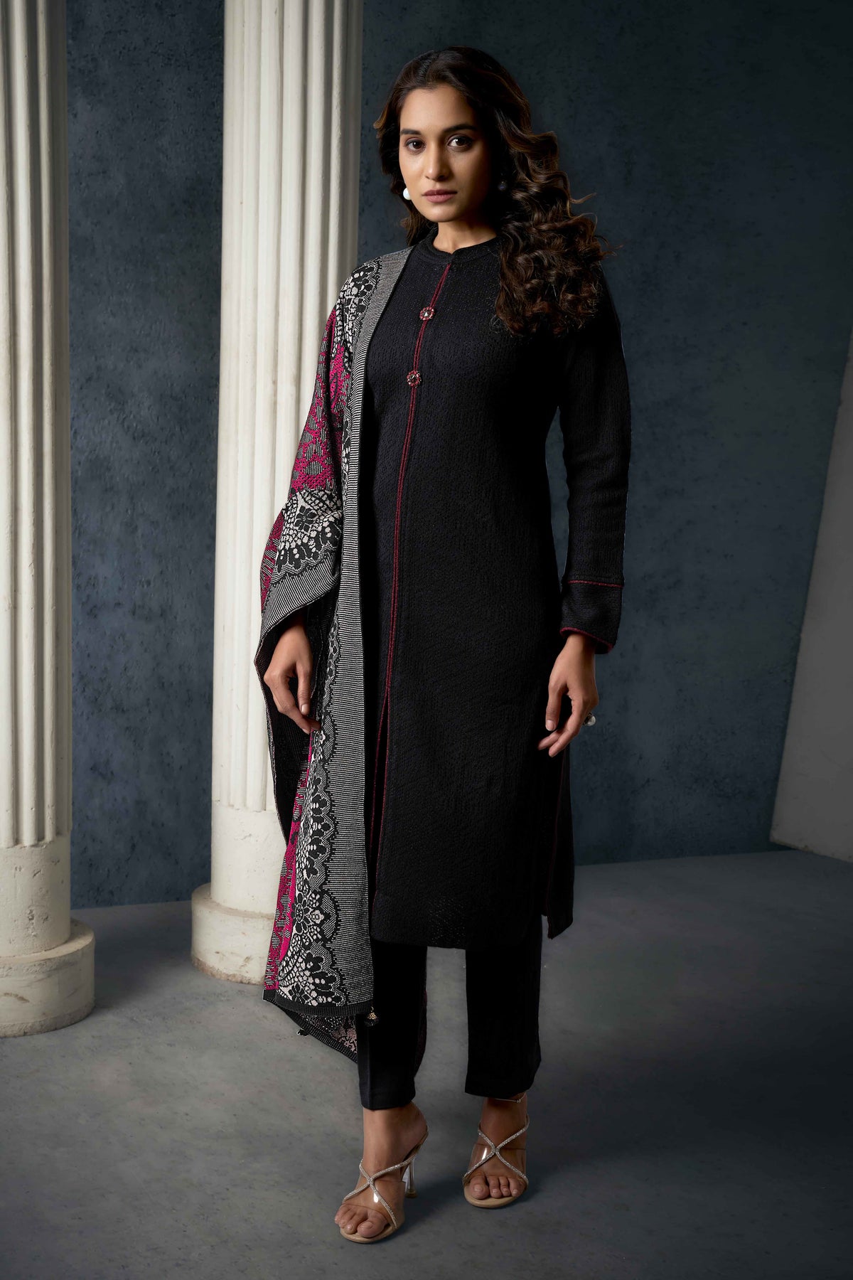 Black Weaving Woolen Front Slit Salwar Suit - Main Image