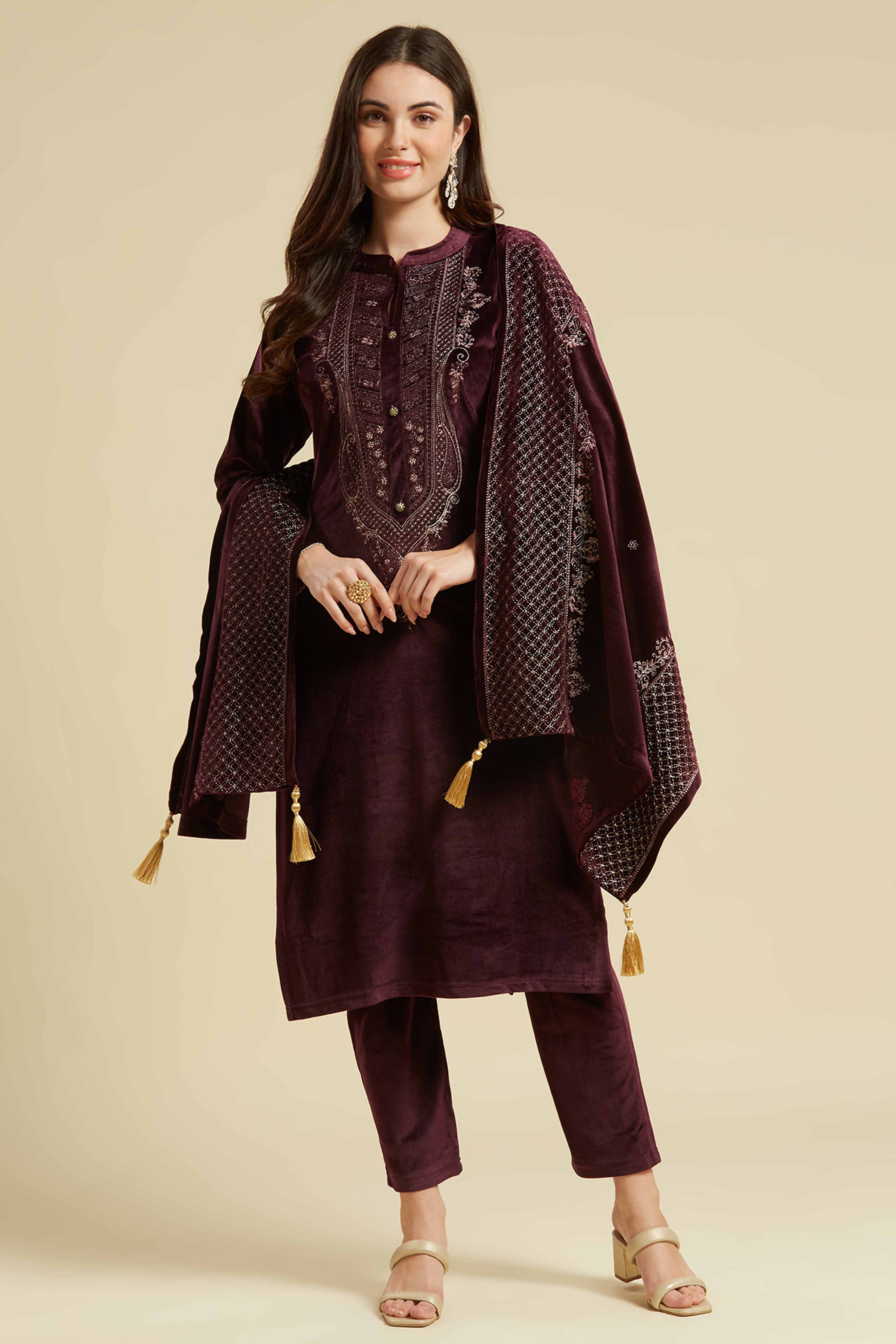 Wine Embroidered Woolen Straight Salwar Suit