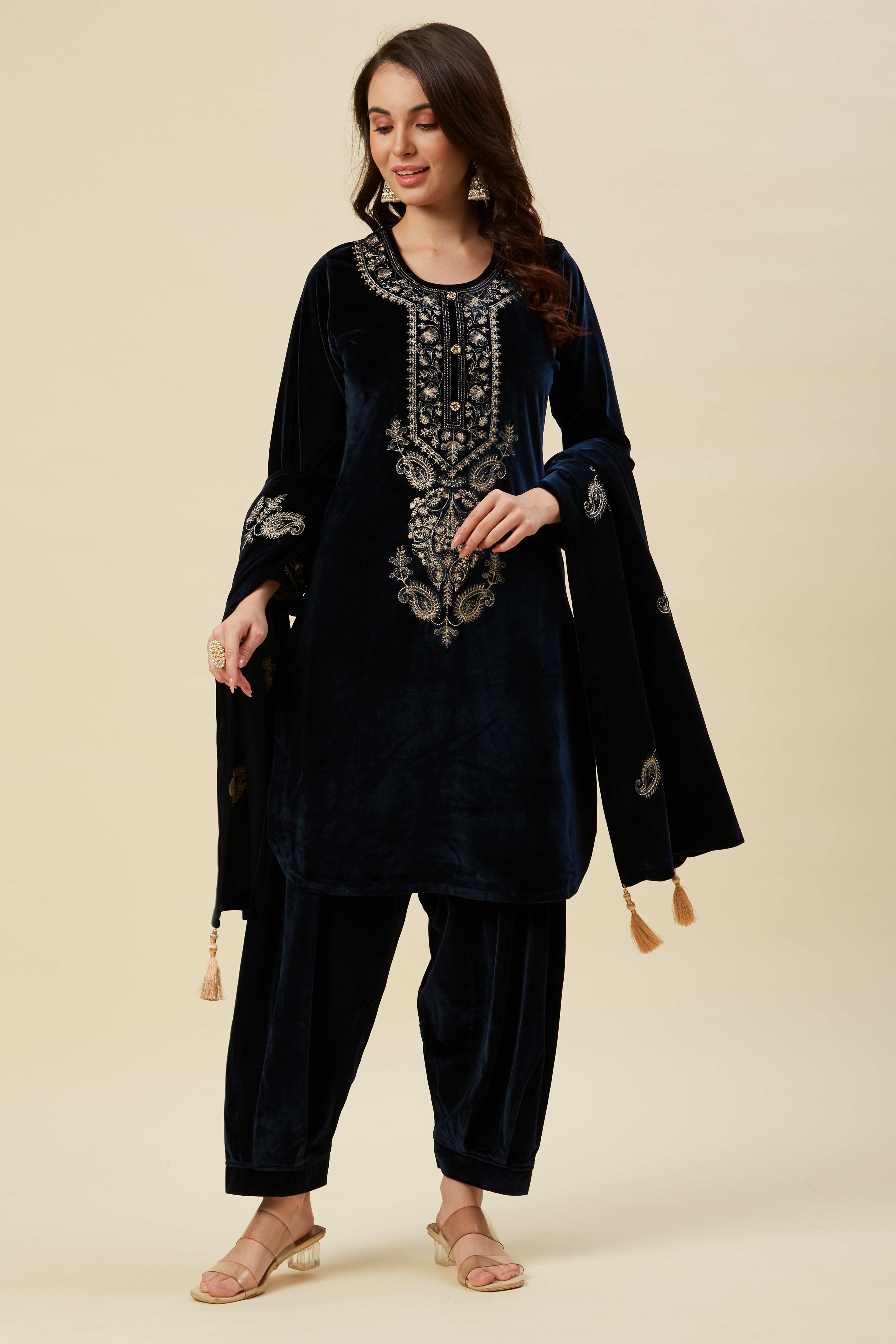 Navy Blue Embroidered Velvet Straight Salwar Suit
