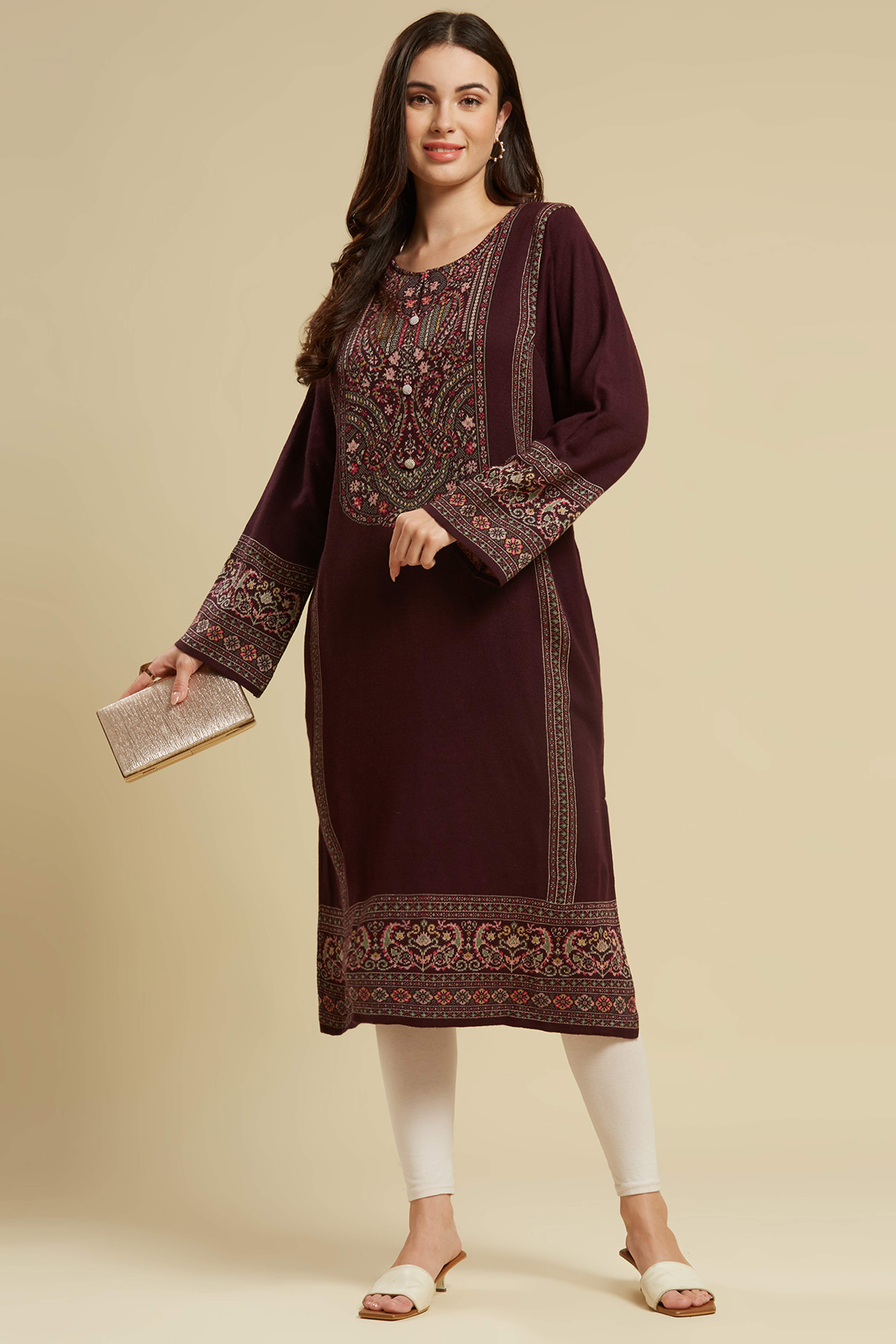 Wine Woven Woolen Straight Kurti