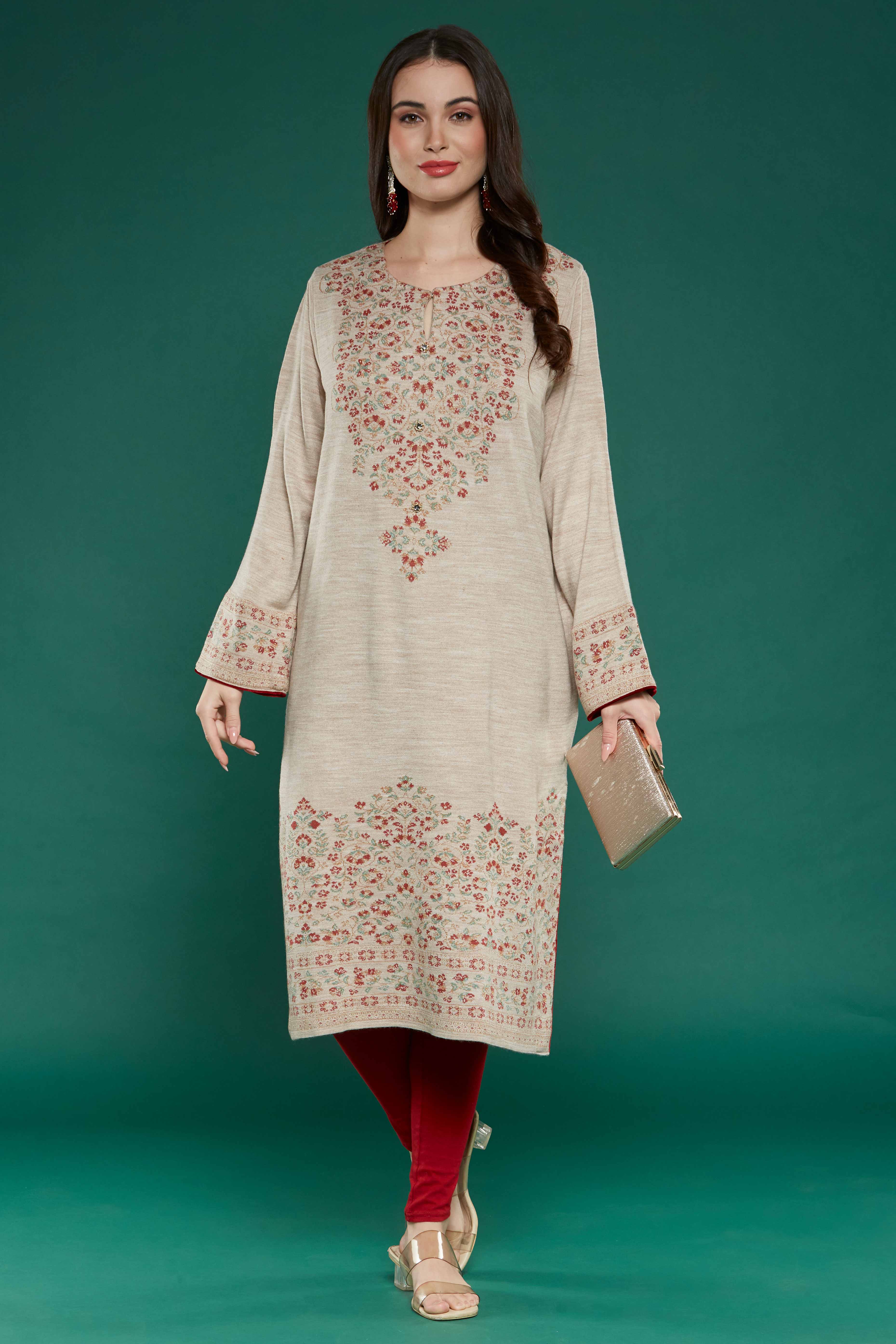 Beige Floral Woven Woolen Straight Kurti