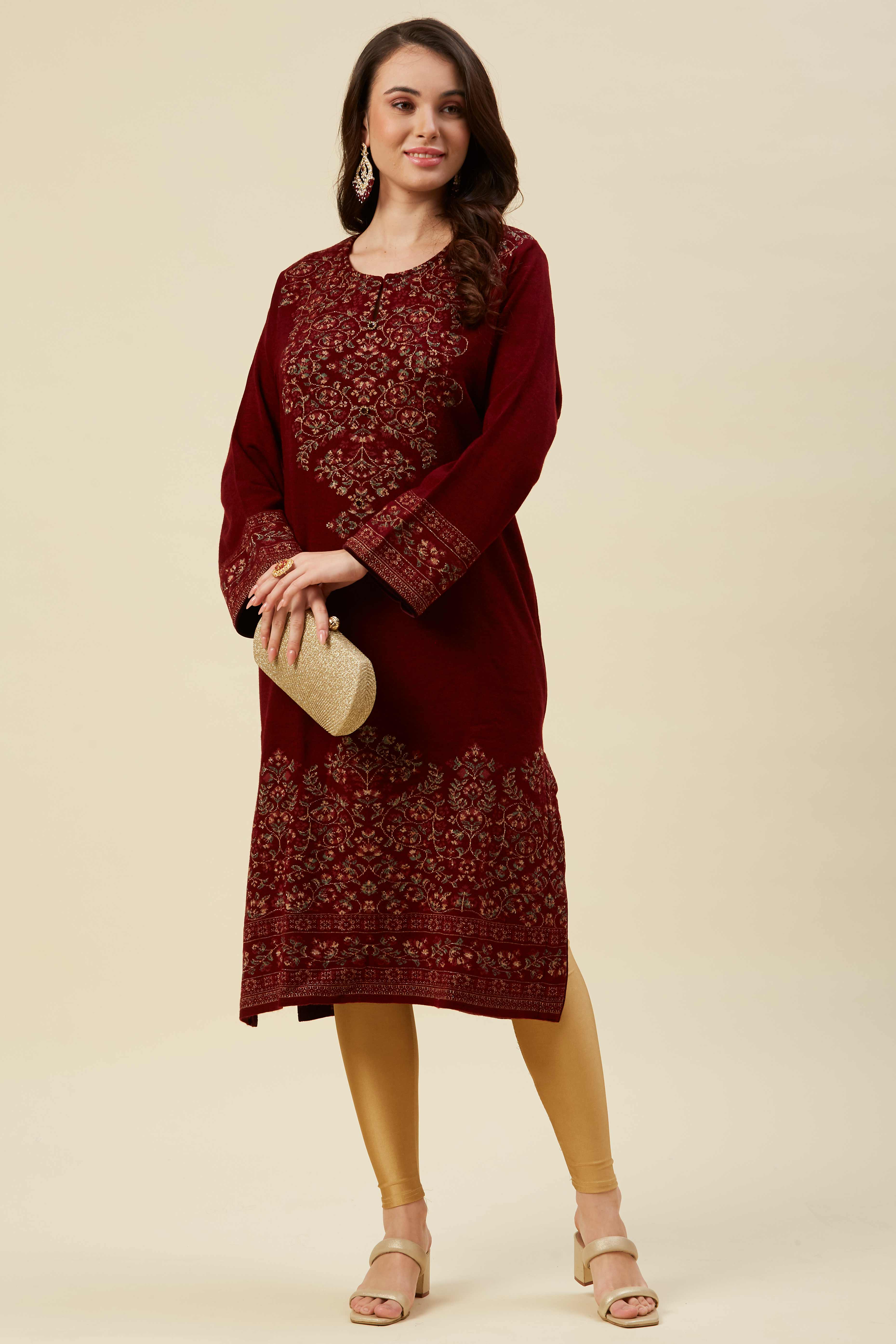 Maroon Floral Woven Woolen Straight Kurti