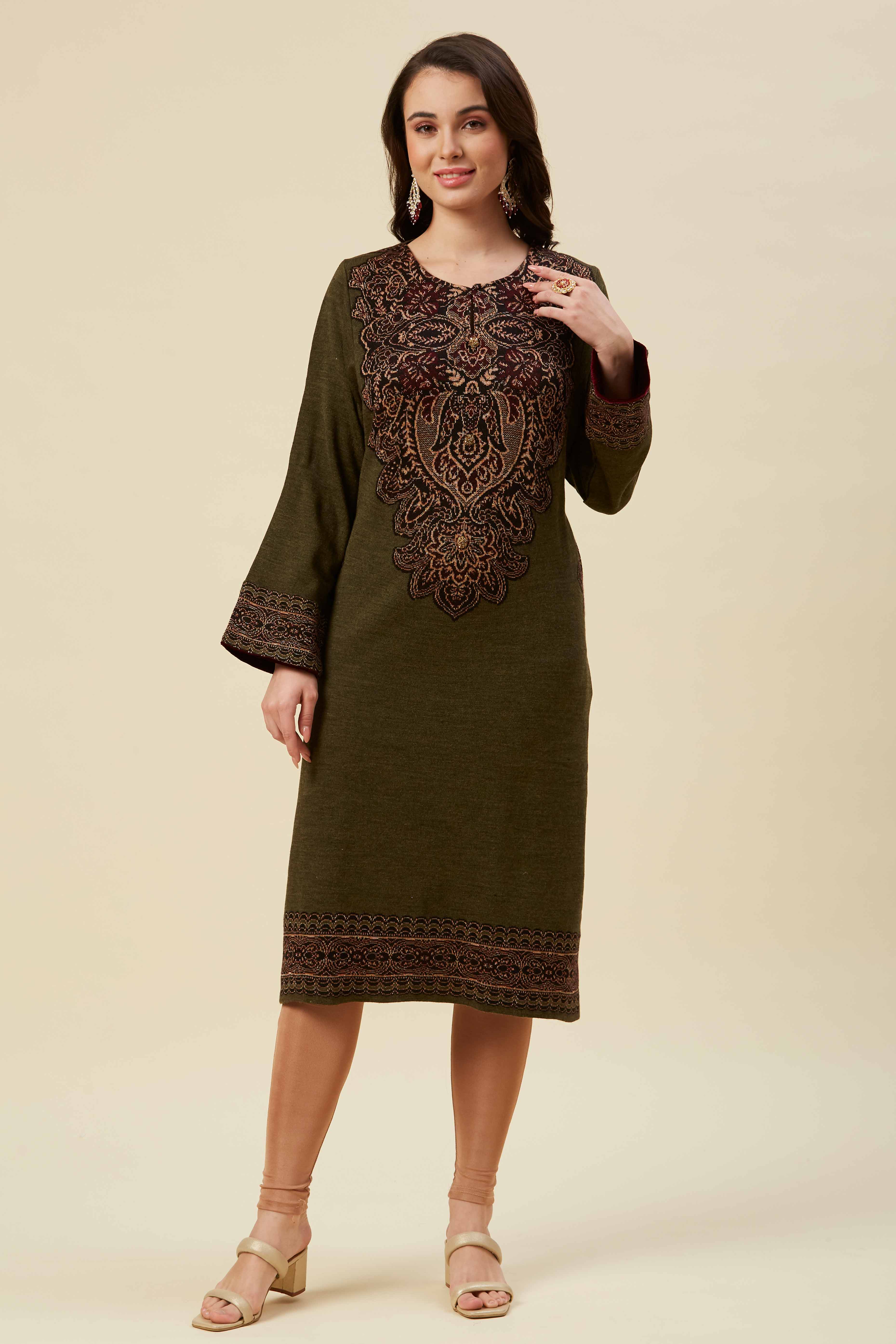 Olive Embroidered Woolen Straight Kurti