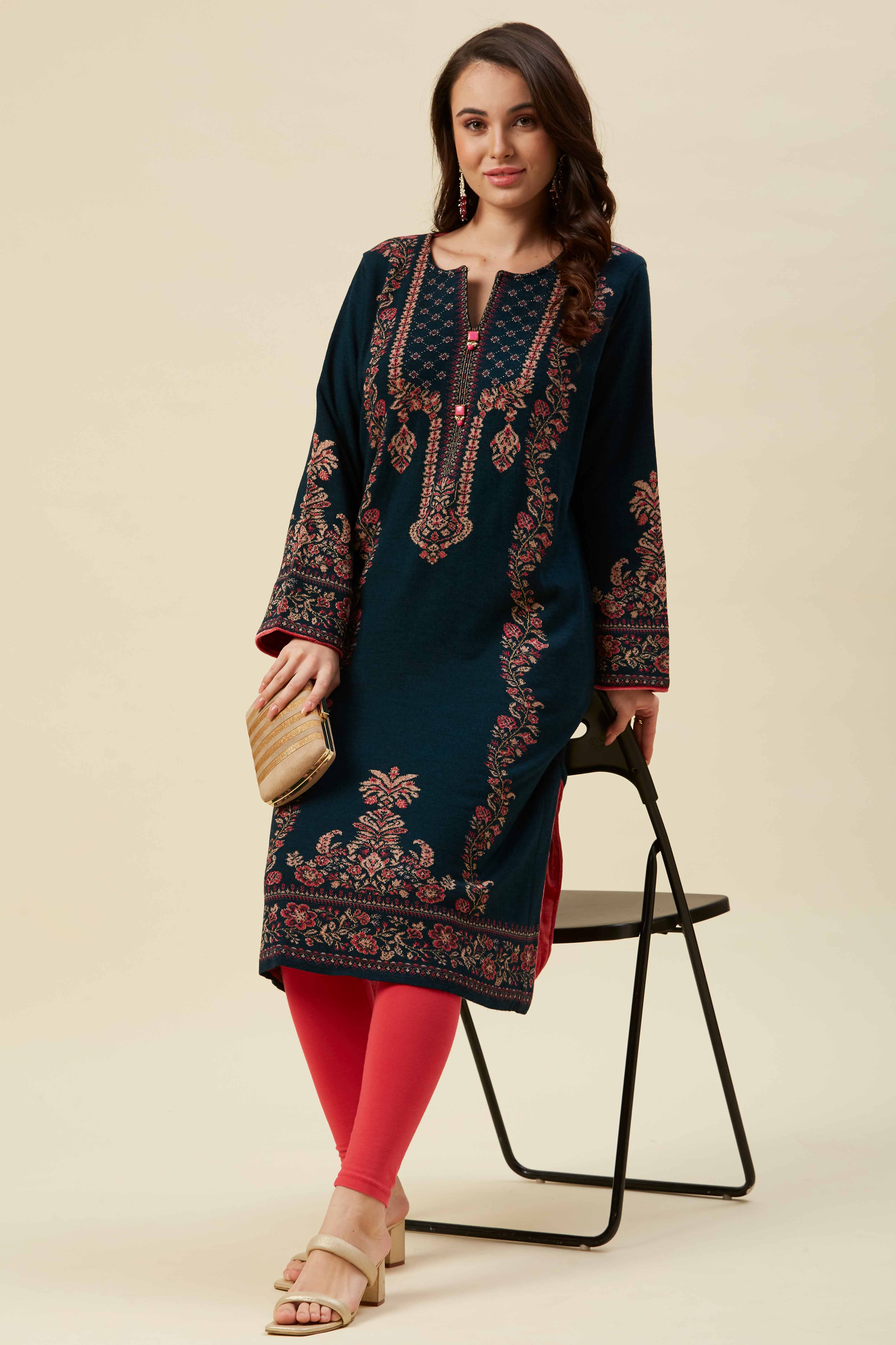 Peacock Blue Floral Woven Woolen Straight Kurti