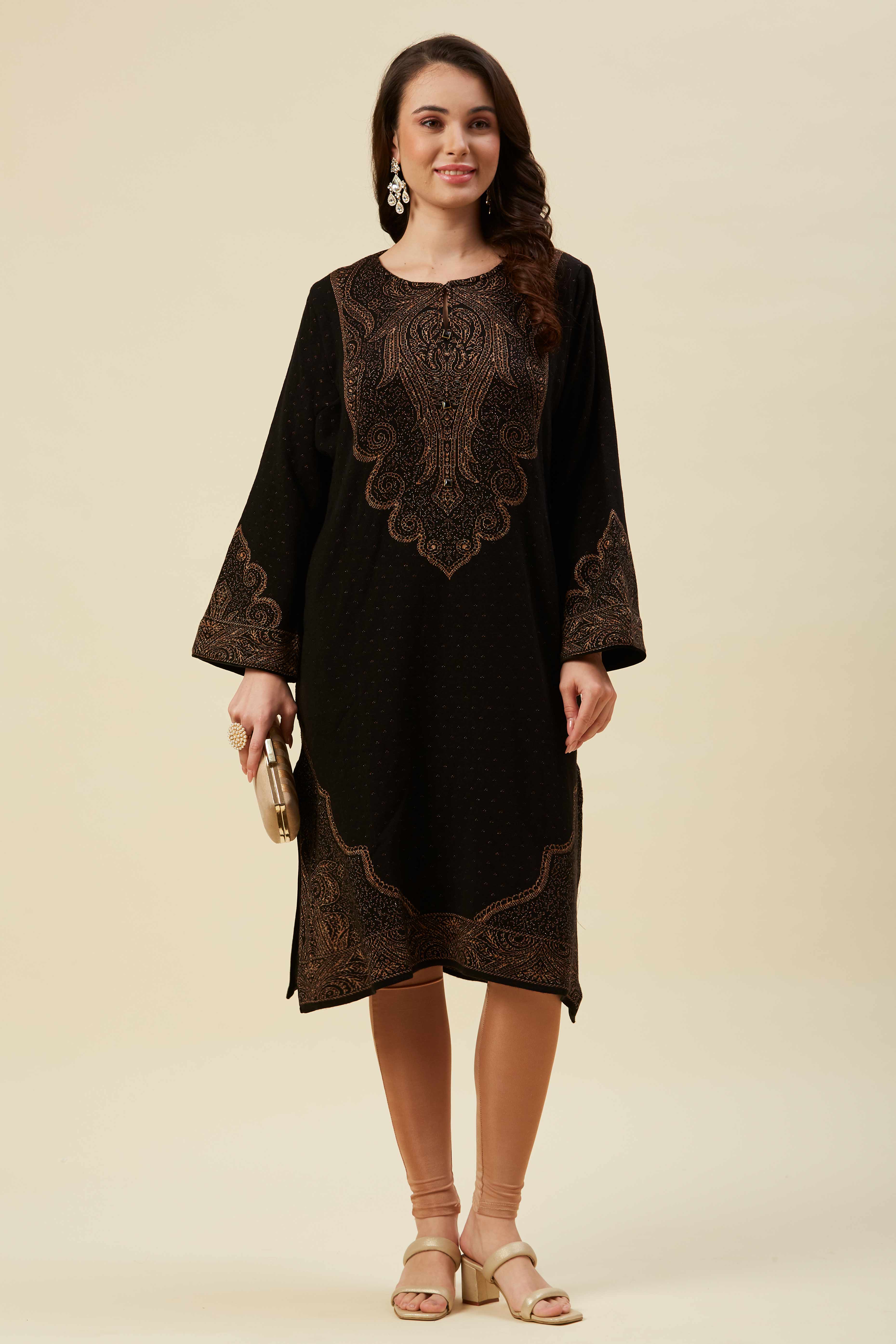 Black Floral Woven Woolen Straight Kurti