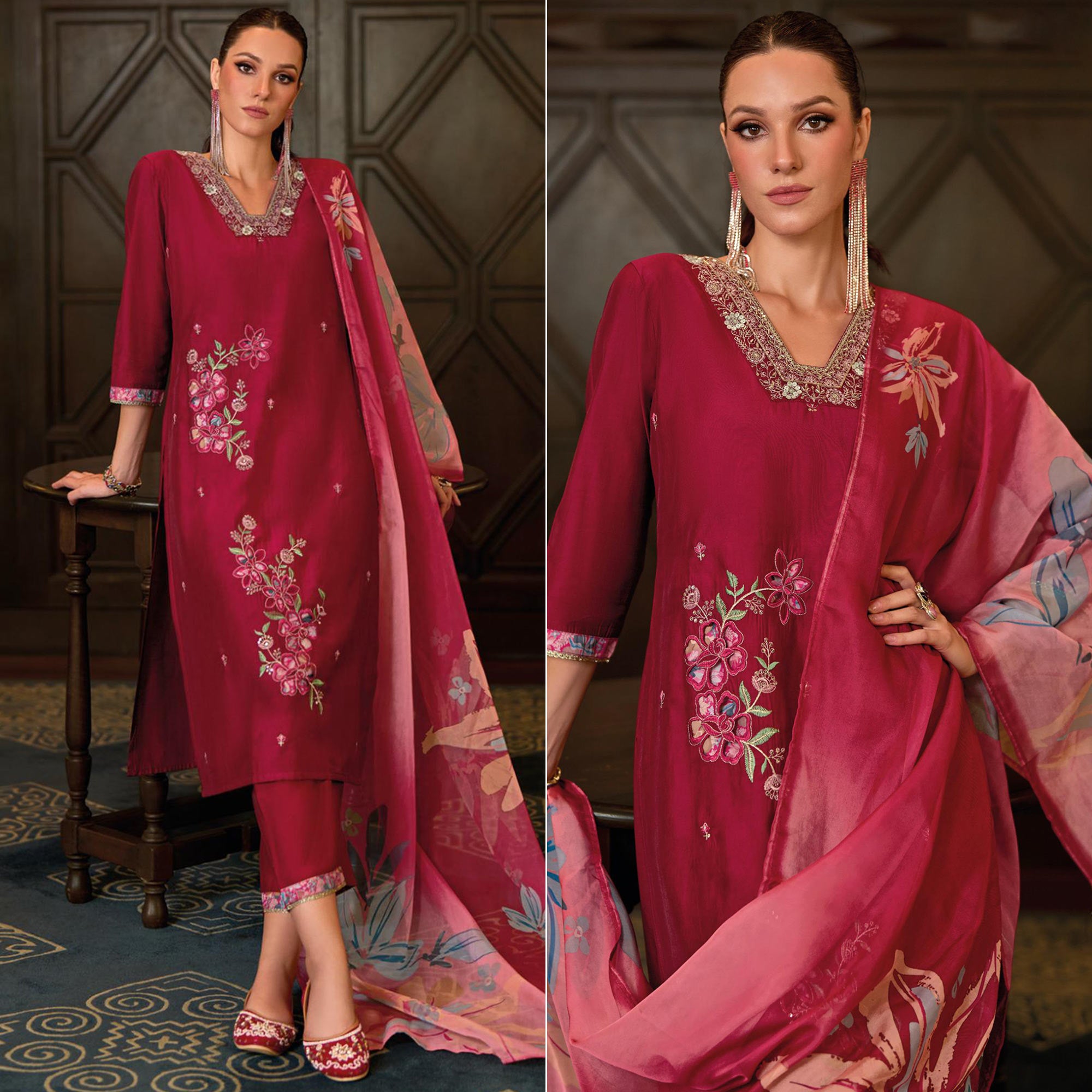 Magenta Floral Handwork Embroidered Viscose Salwar Suit