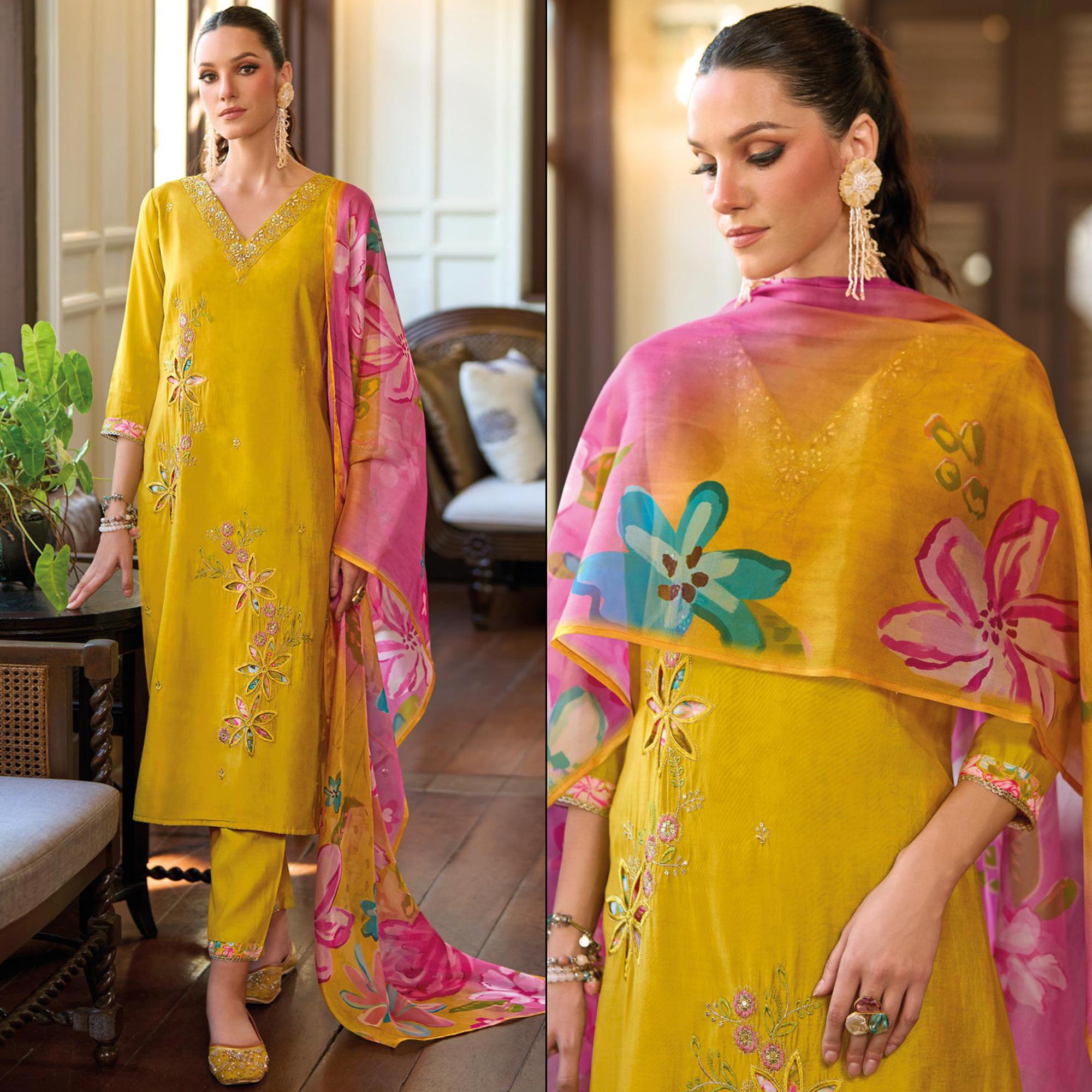 Mustard Floral Handwork Embroidered Viscose Salwar Suit