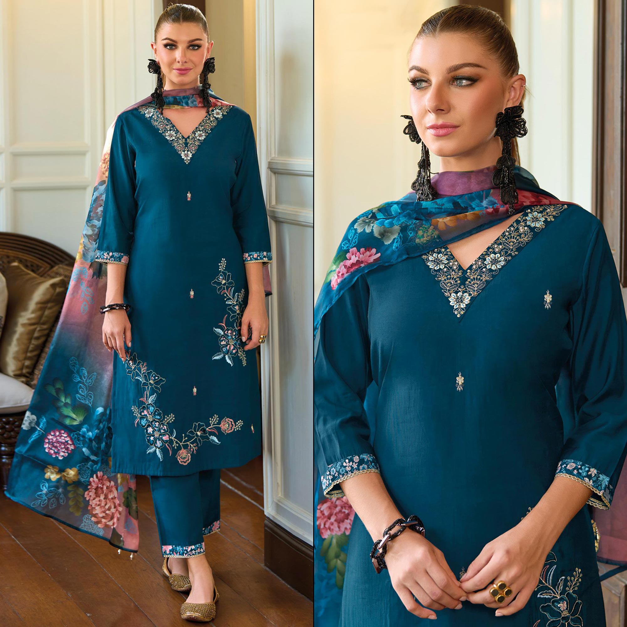 Teal Floral Handwork Embroidered Viscose Salwar Suit