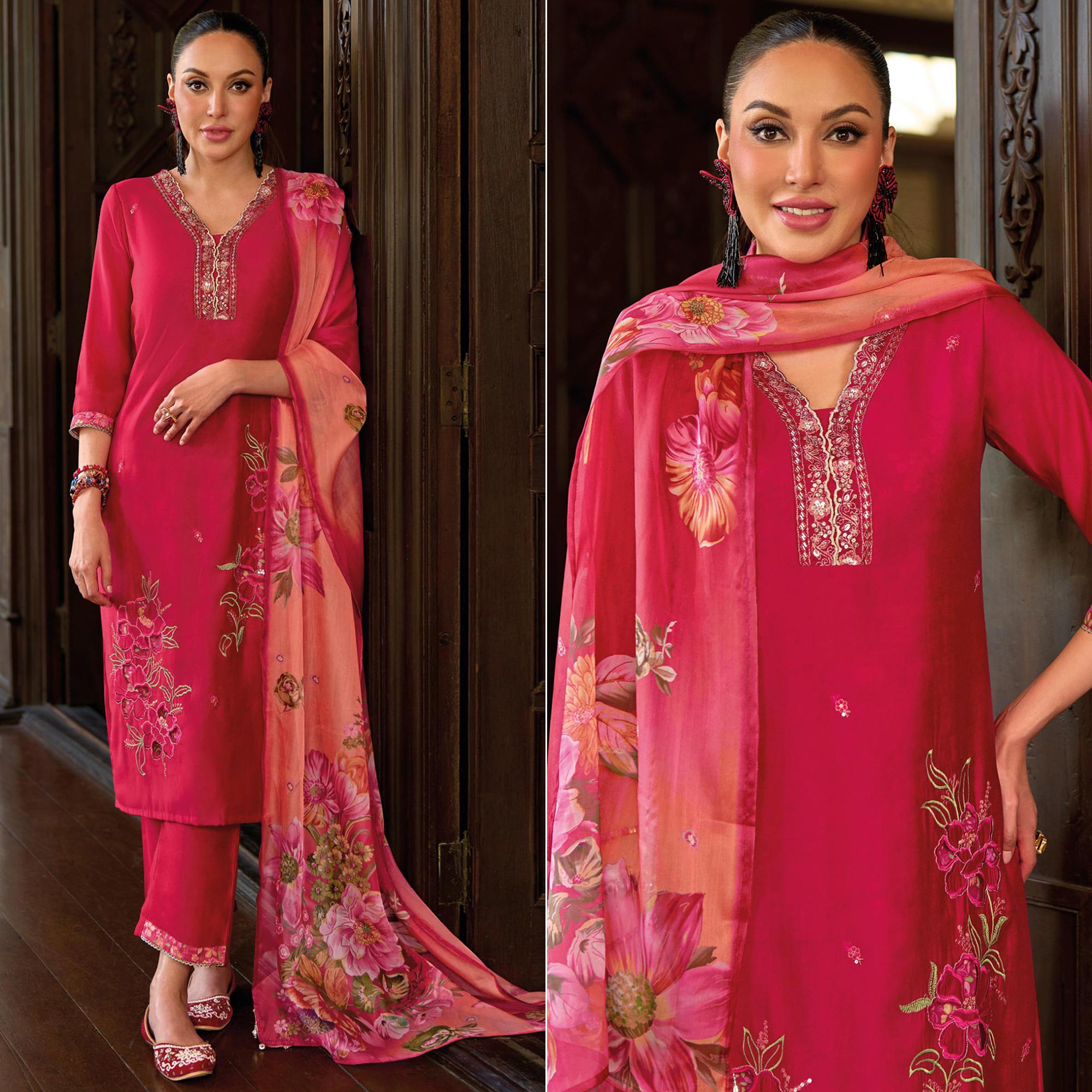 Pink Floral Handwork Embroidered Viscose Salwar Suit