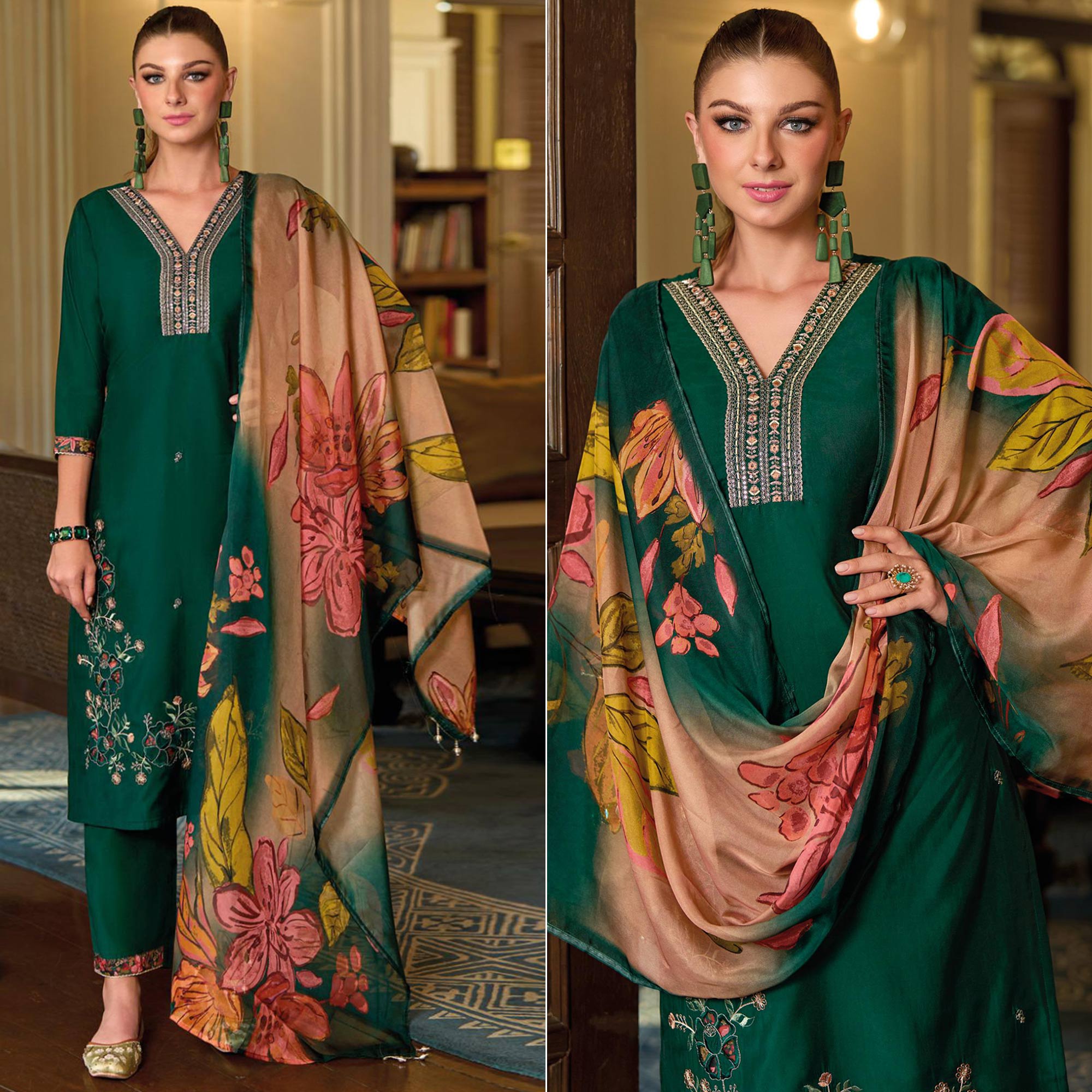 Green Floral Handwork Embroidered Viscose Salwar Suit