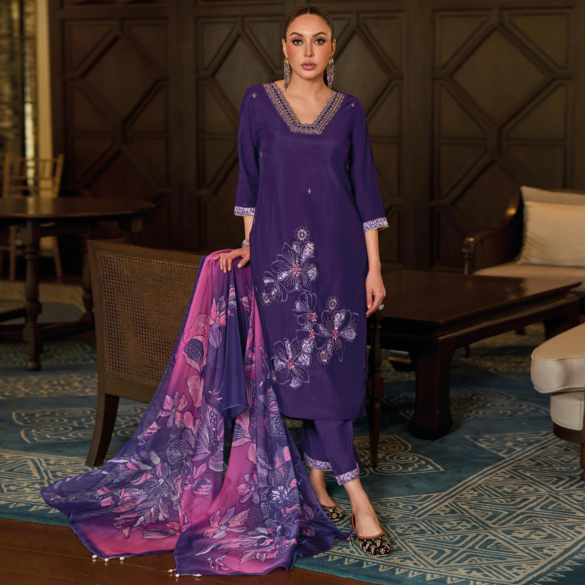 Purple Floral Handwork Embroidered Viscose Salwar Suit