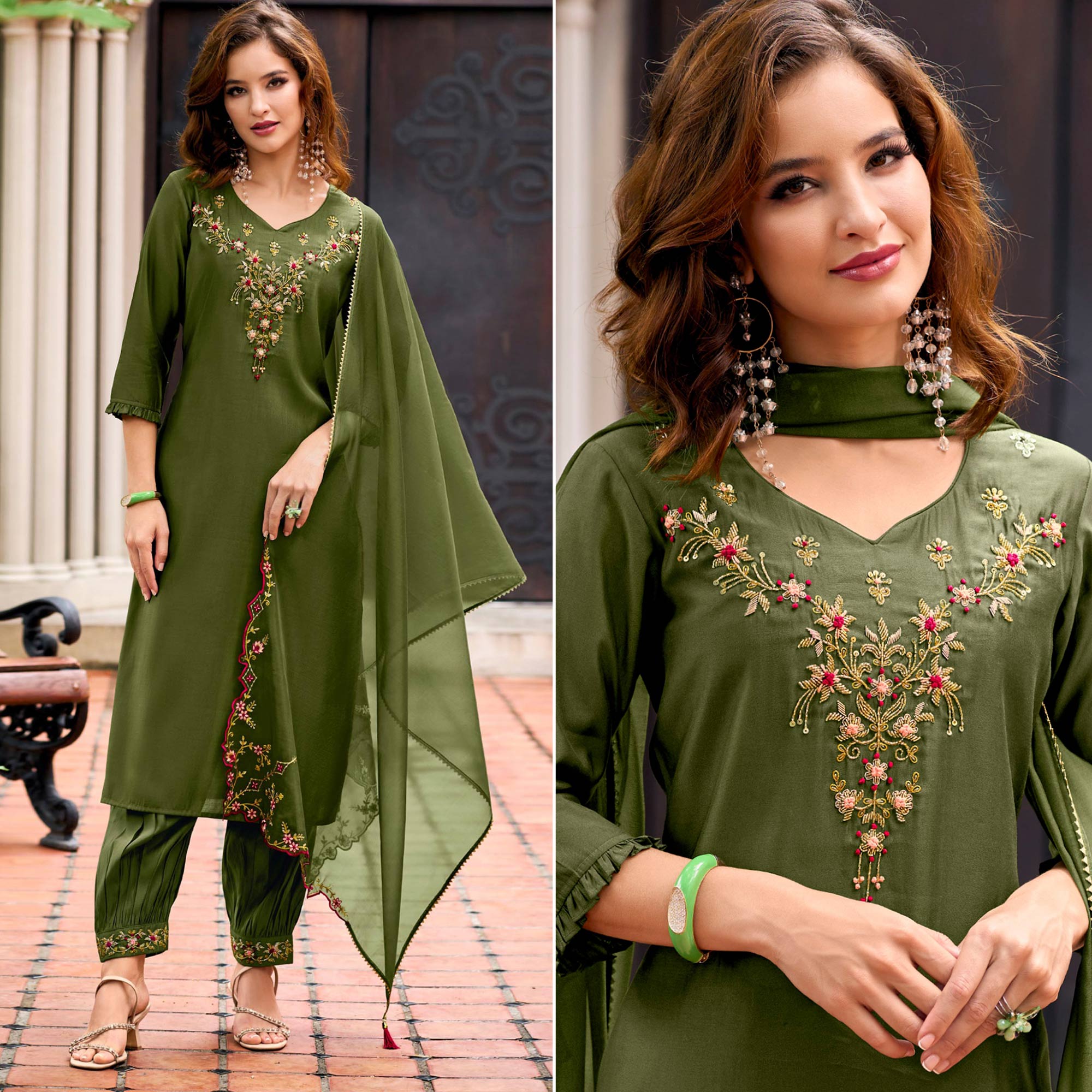 Green Floral Embroidery Chanderi Silk Suit