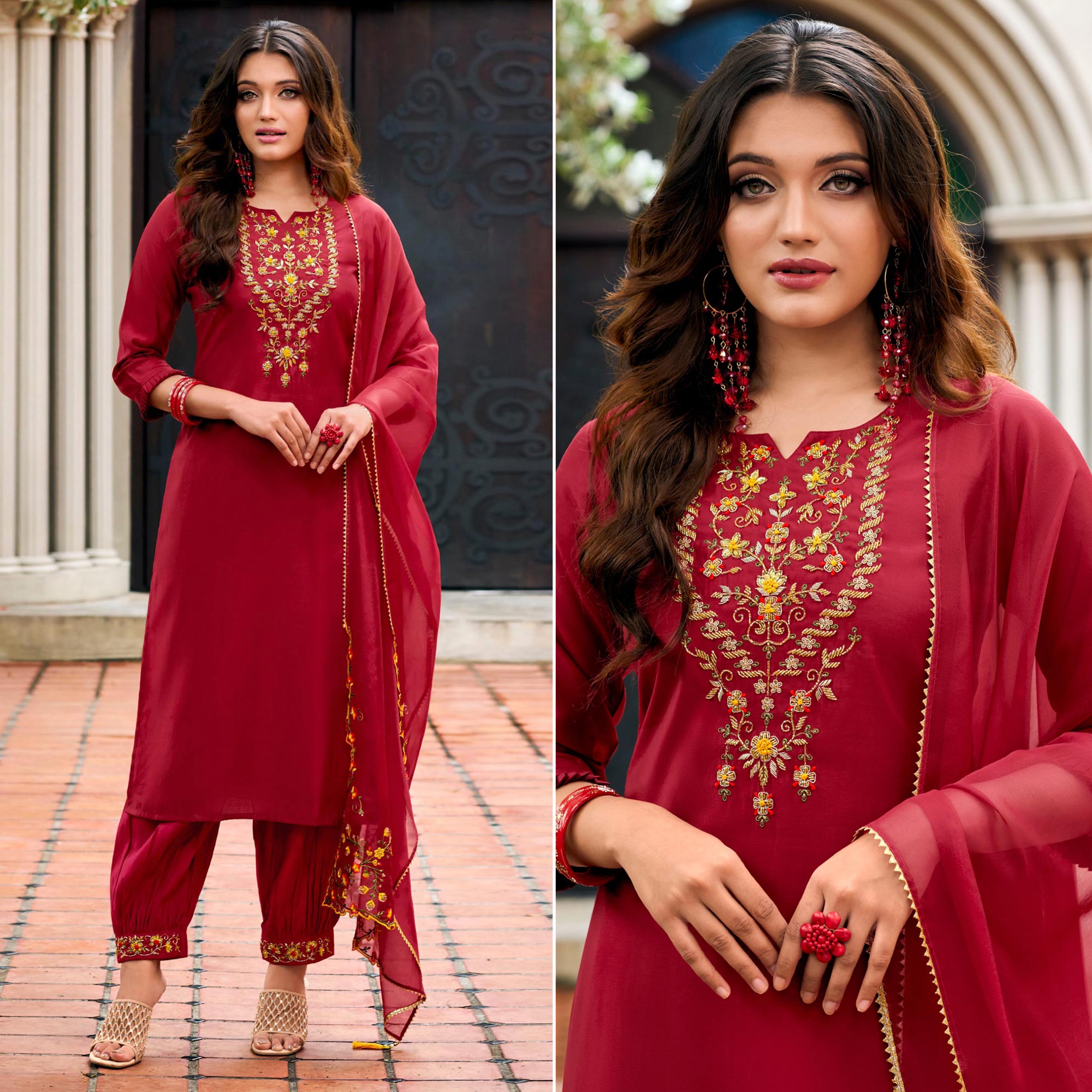 Red Floral Embroidery Chanderi Silk Suit