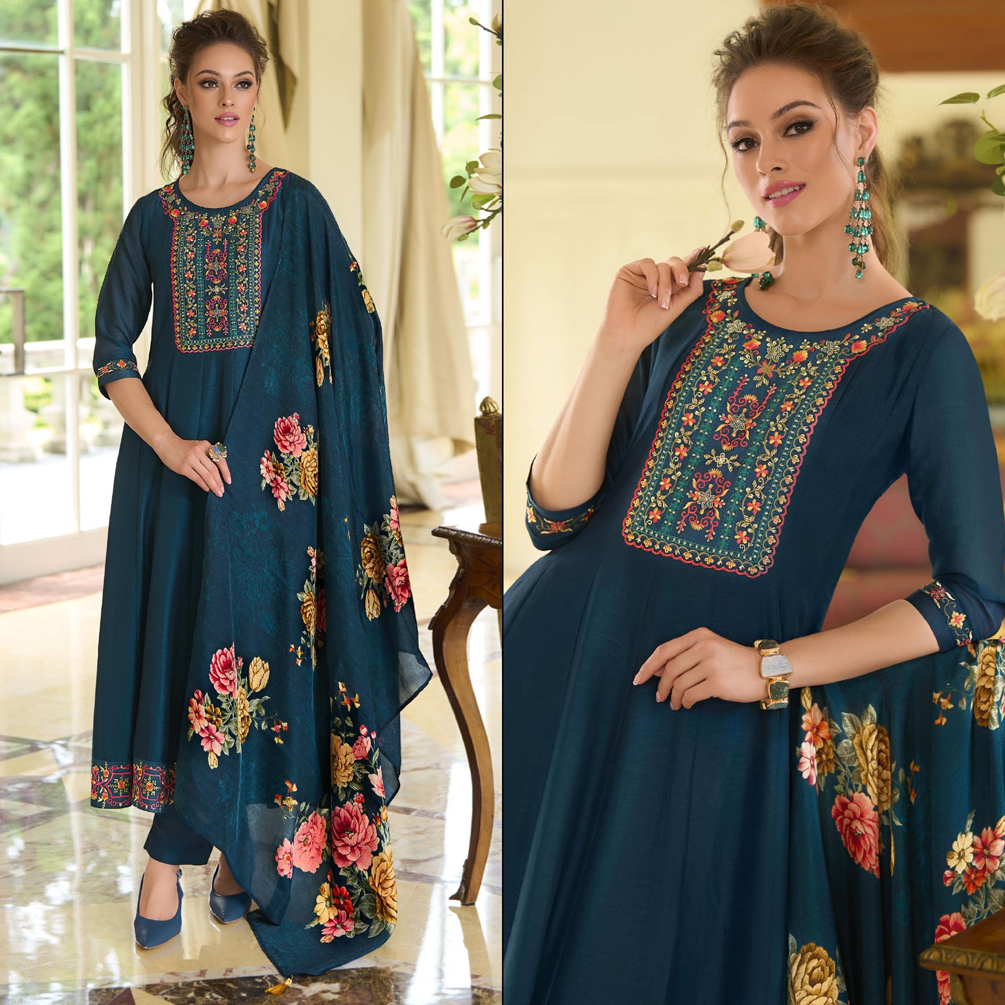 Teal Embroidered Vichitra Silk Anarkali Salwar Suit