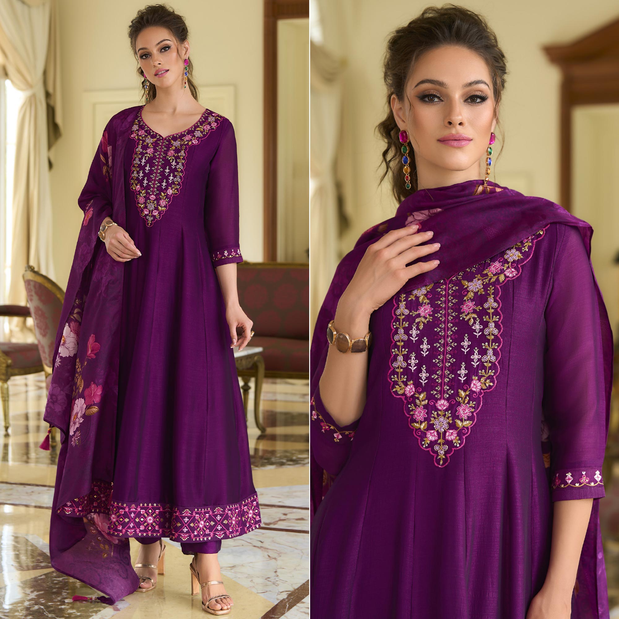 Dark Purple Embroidered Vichitra Silk Anarkali Salwar Suit