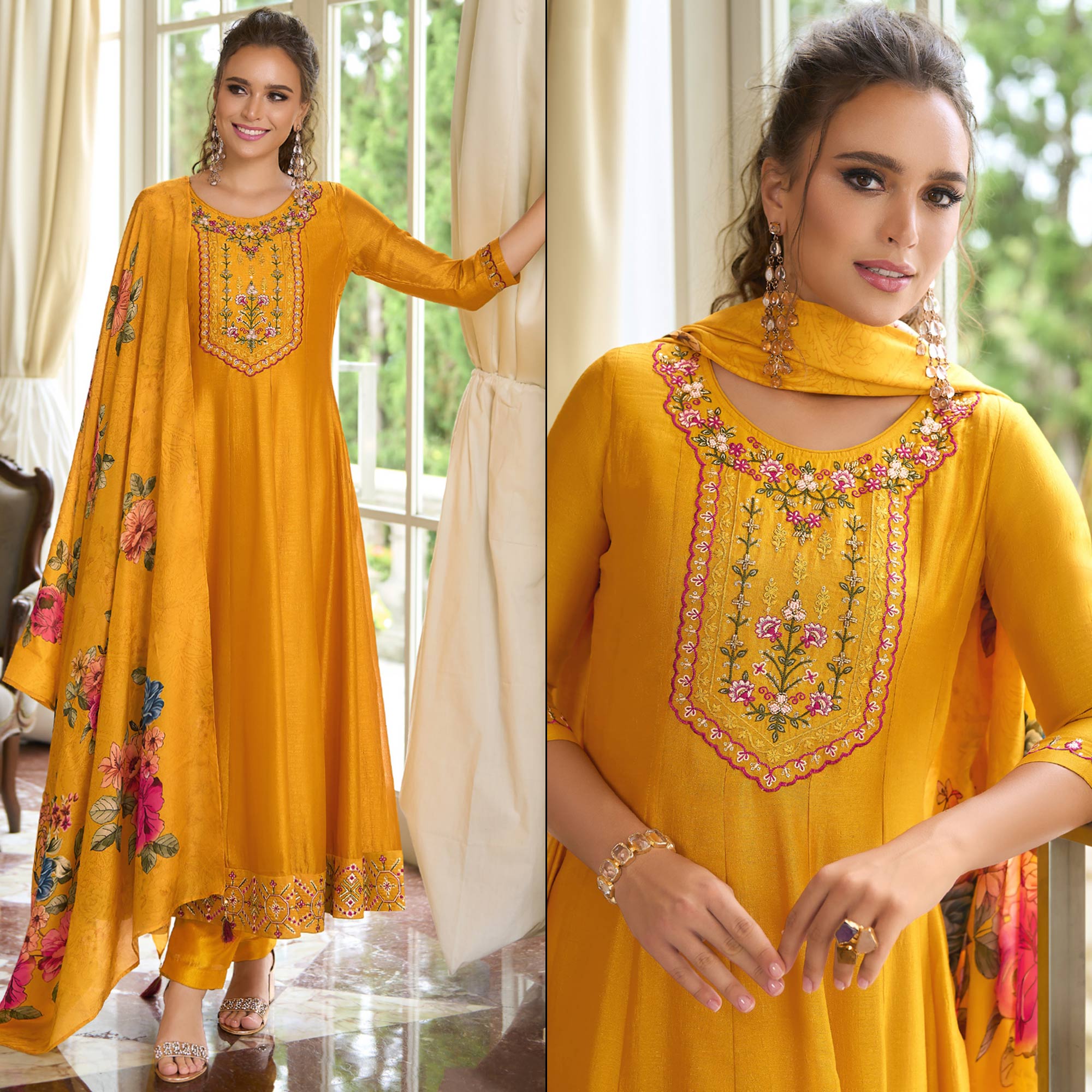 Mustard Embroidered Vichitra Silk Anarkali Salwar Suit