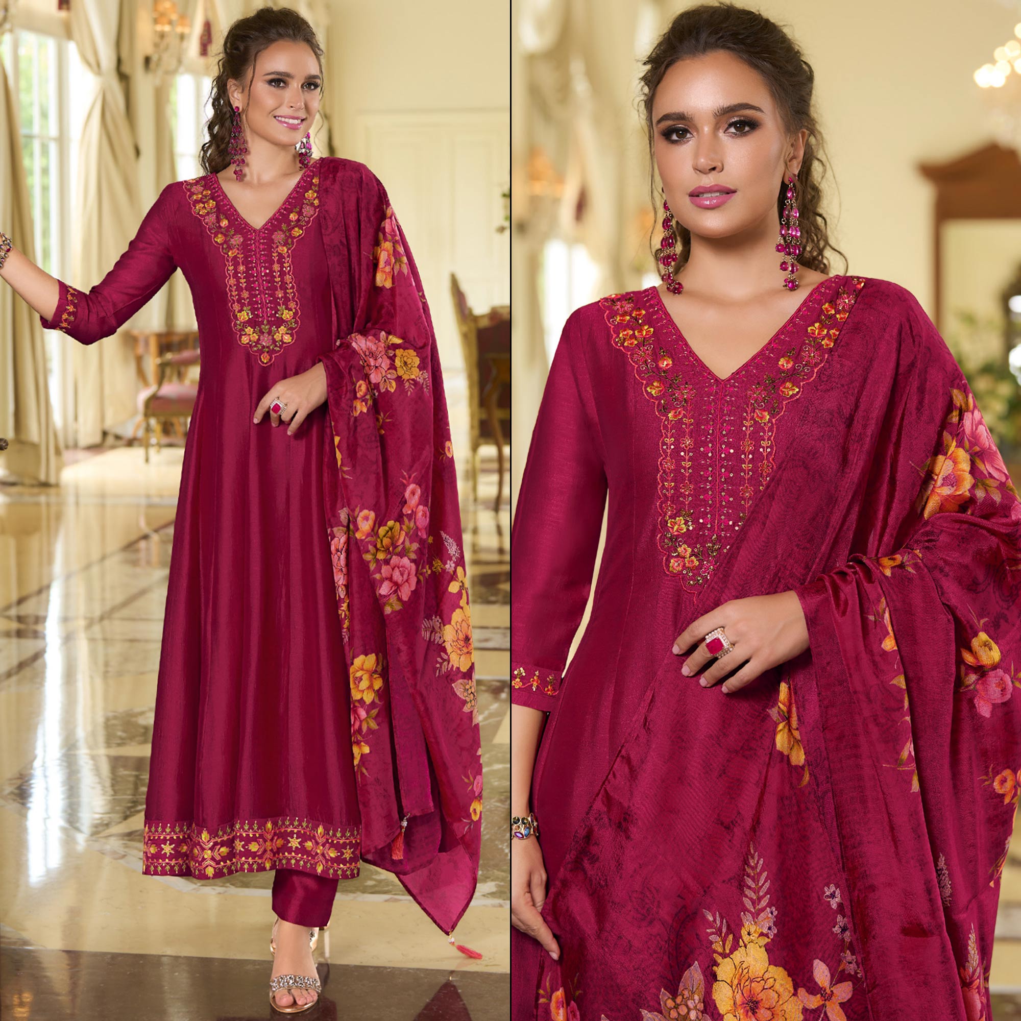 Magenta Embroidered Vichitra Silk Anarkali Salwar Suit