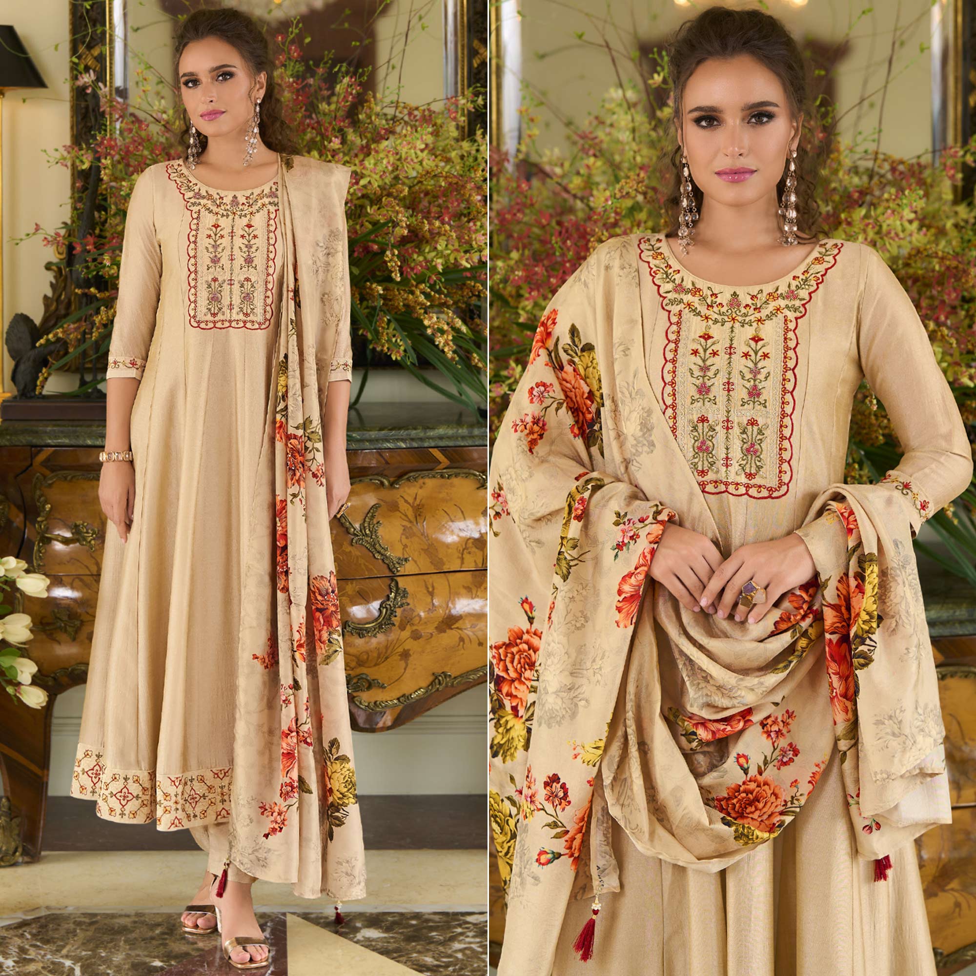 Beige Embroidered Vichitra Silk Anarkali Salwar Suit