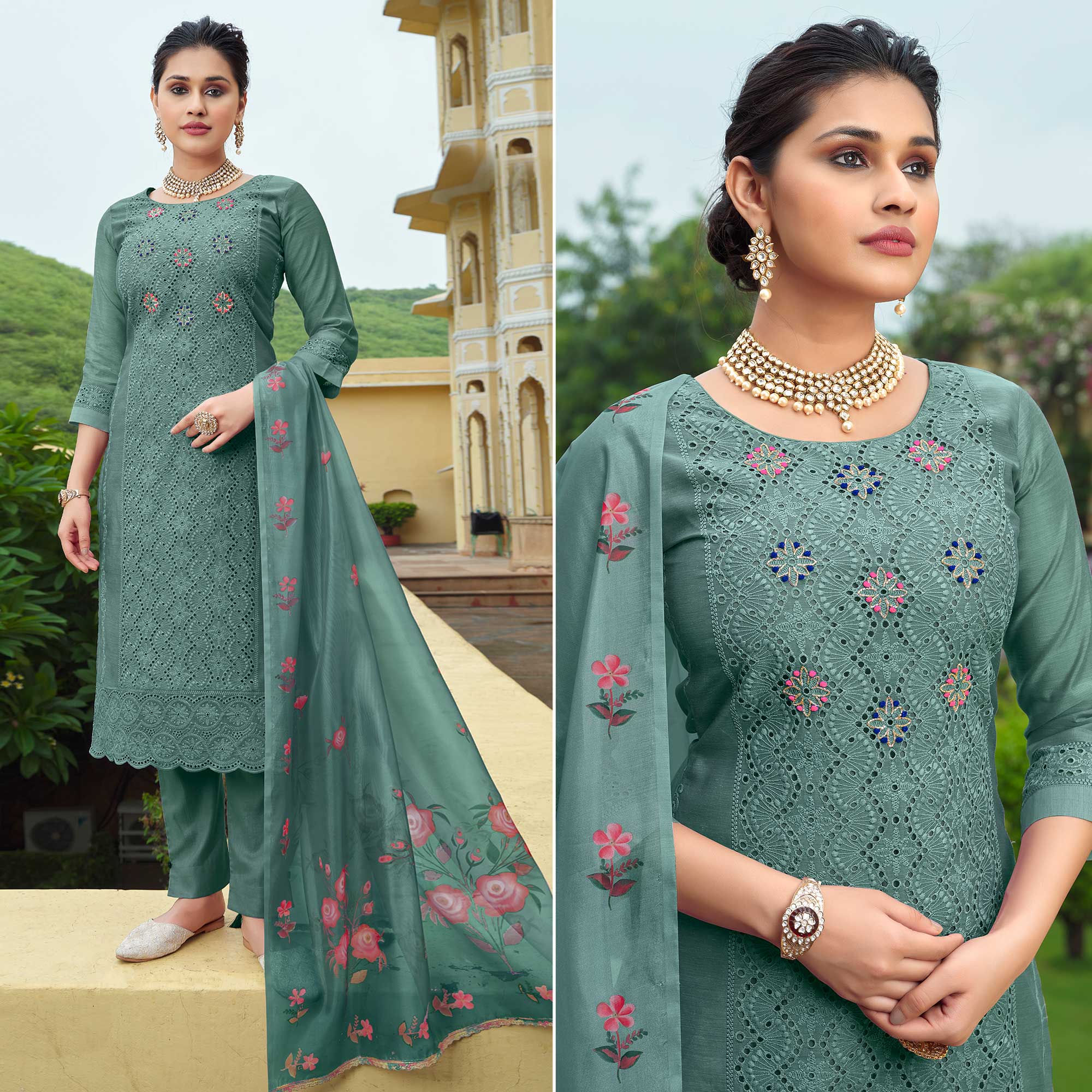 Green Chikankari Work Cotton Silk Salwar Suit