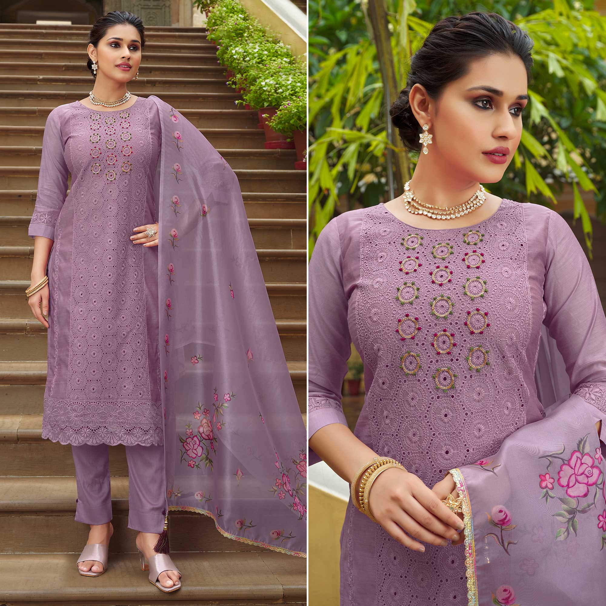 Purple Chikankari Work Cotton Silk Salwar Suit - Image 1