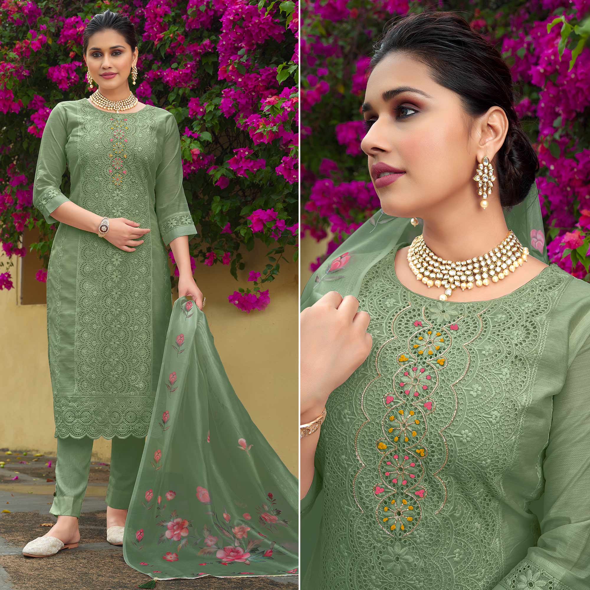 Green Chikankari Work Cotton Silk Salwar Suit