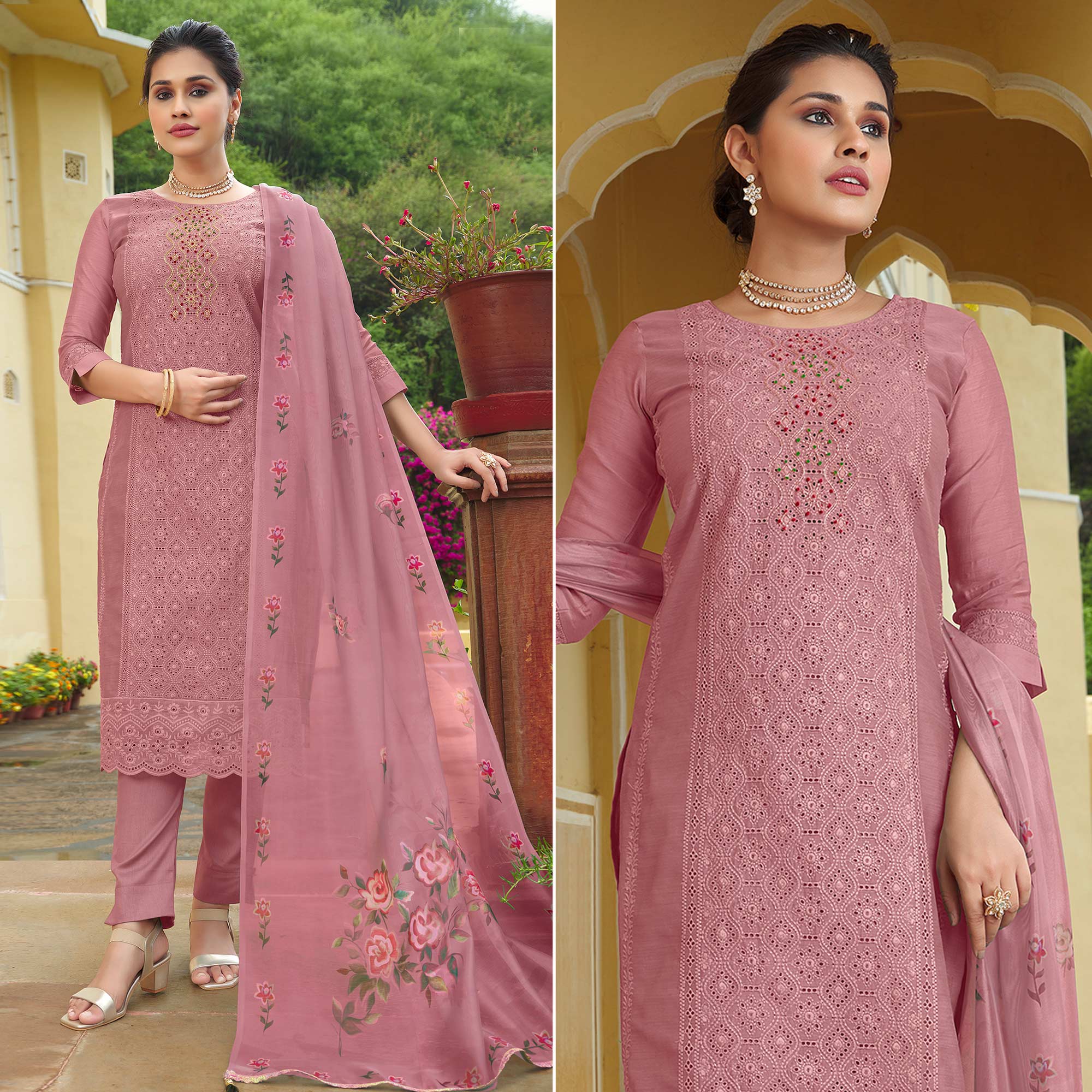 Pink Chikankari Work Cotton Silk Salwar Suit