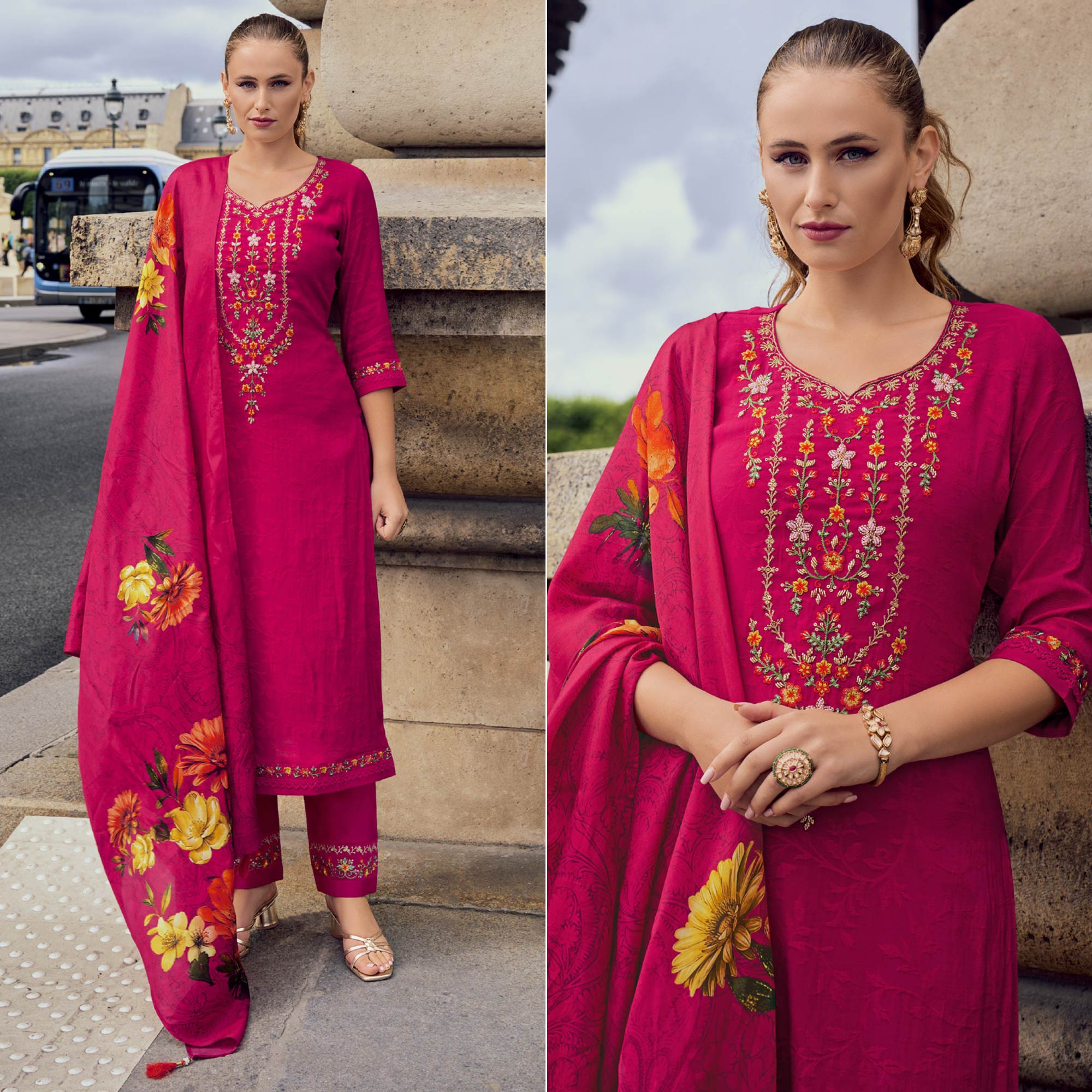 Rani Pink Floral Sequins Embroidery With Handwork Viscose Salwar Suit