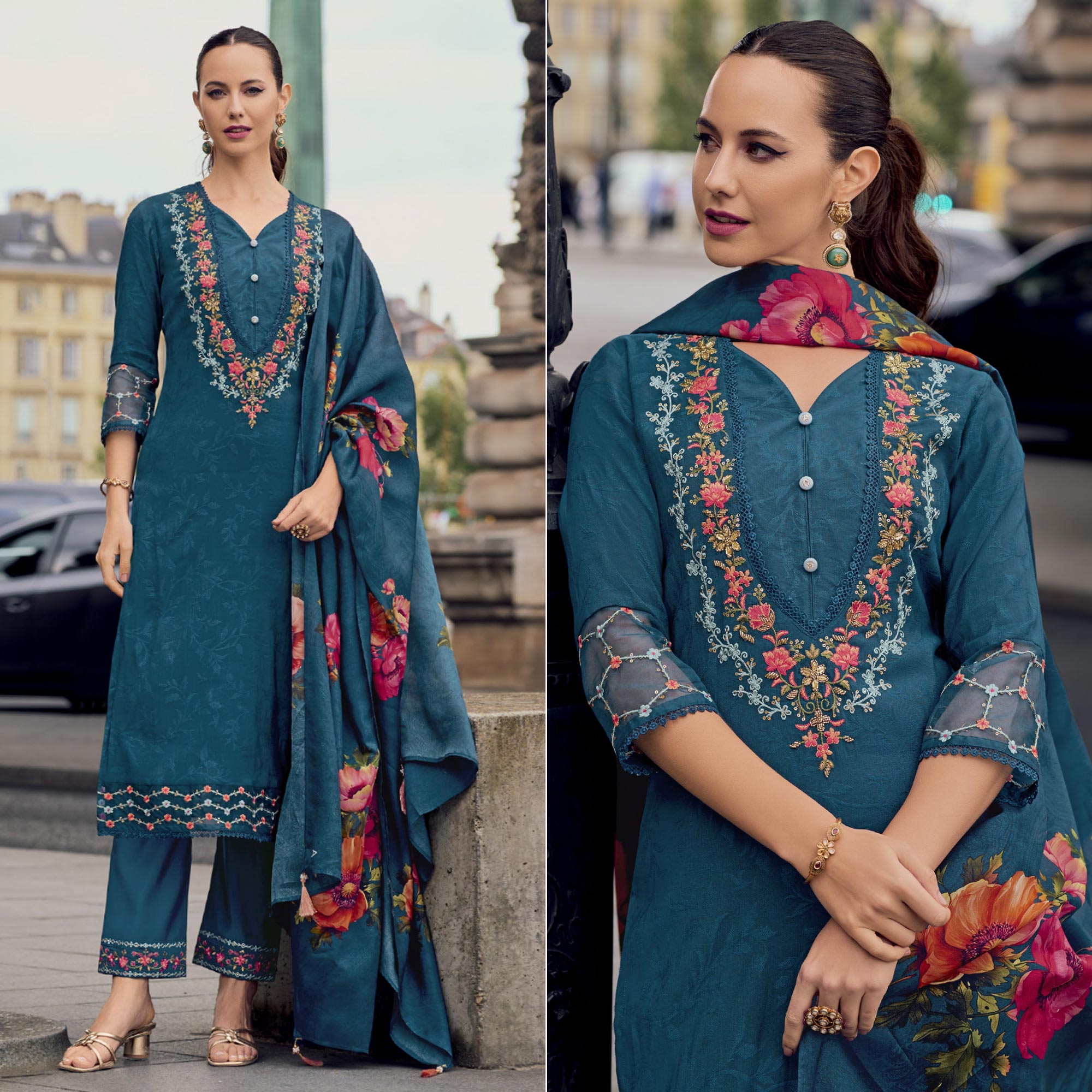 Teal Floral Sequins Embroidery With Handwork Viscose Salwar Suit