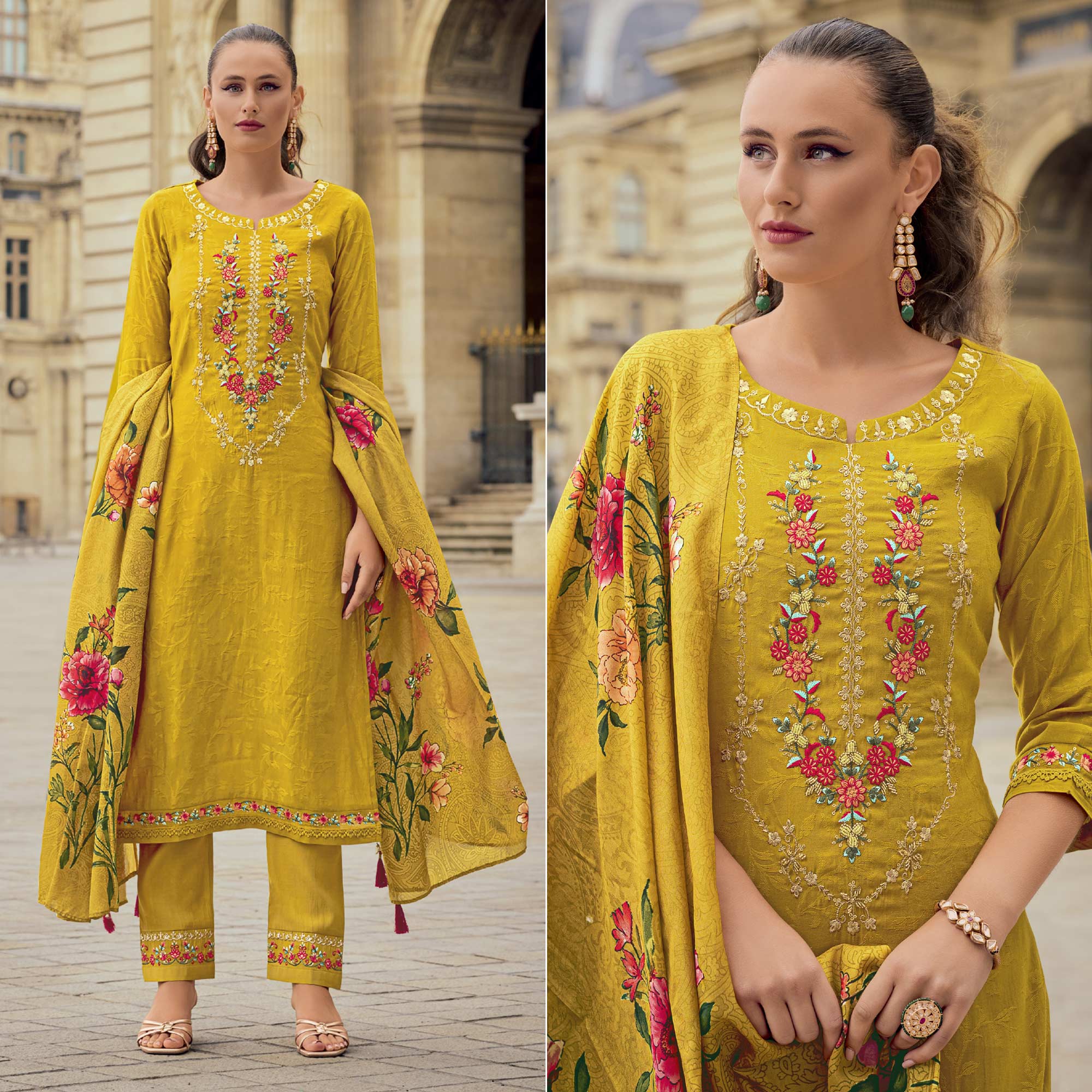 Yellow Floral Sequins Embroidery With Handwork Viscose Salwar Suit