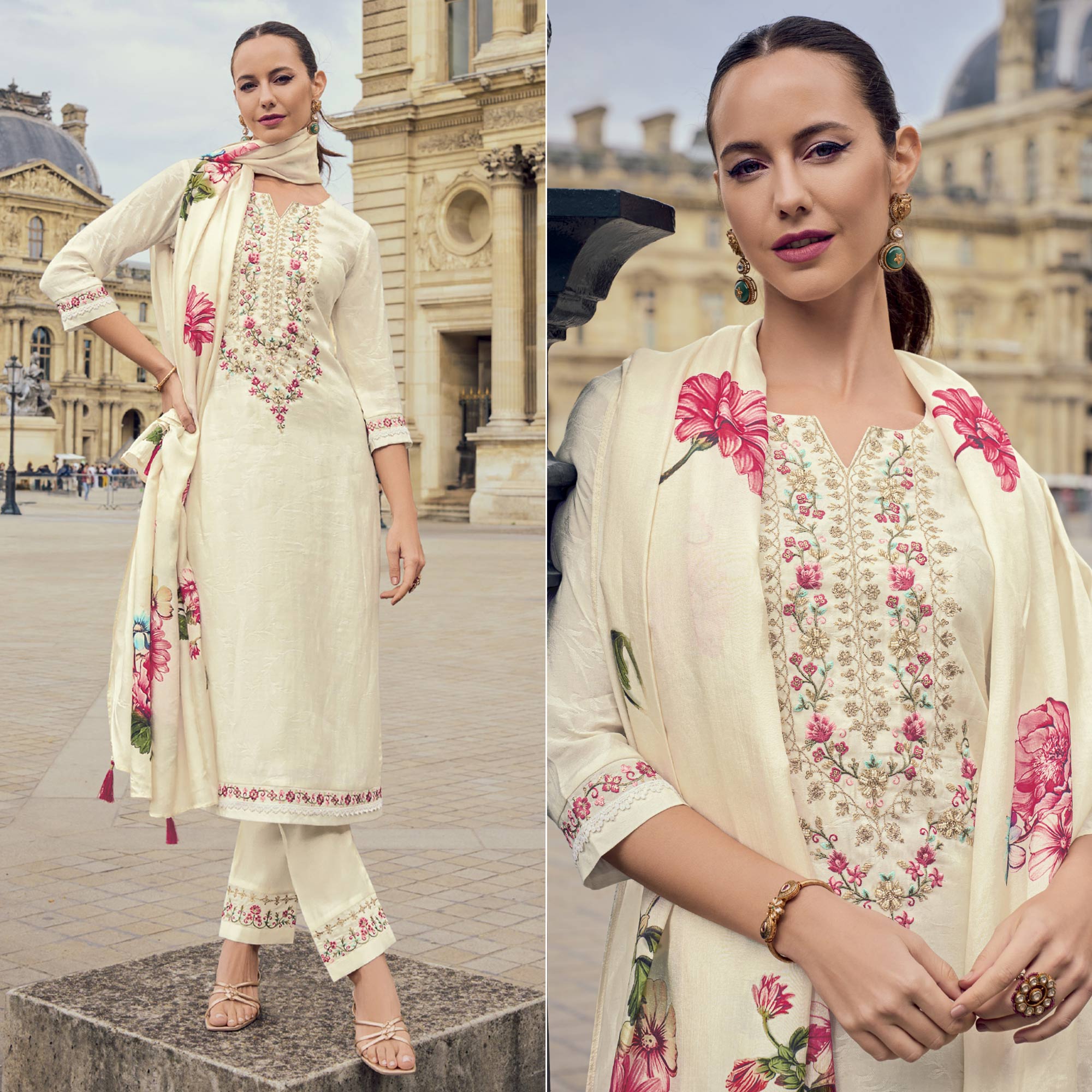 Cream Floral Sequins Embroidery With Handwork Viscose Salwar Suit