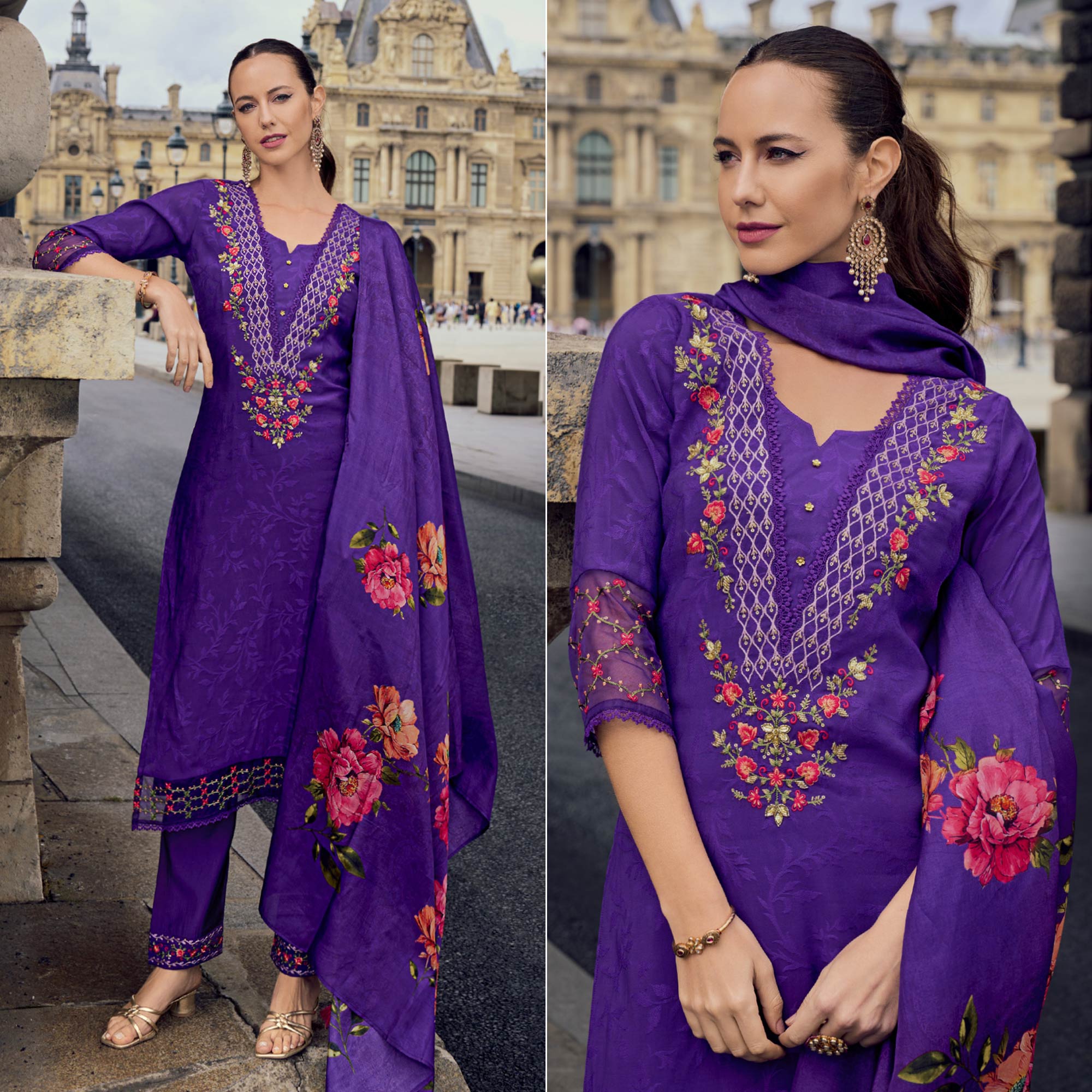 Purple Floral Sequins Embroidery With Handwork Viscose Salwar Suit