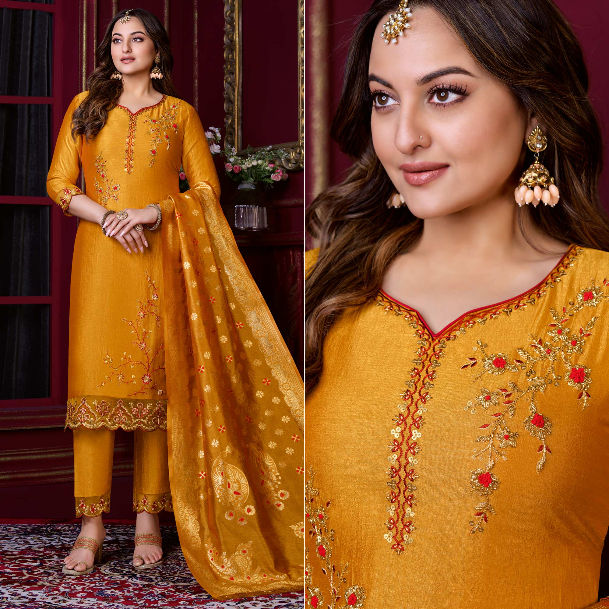 Mustard Floral Sequins Embroidered Cotton Silk Suit
