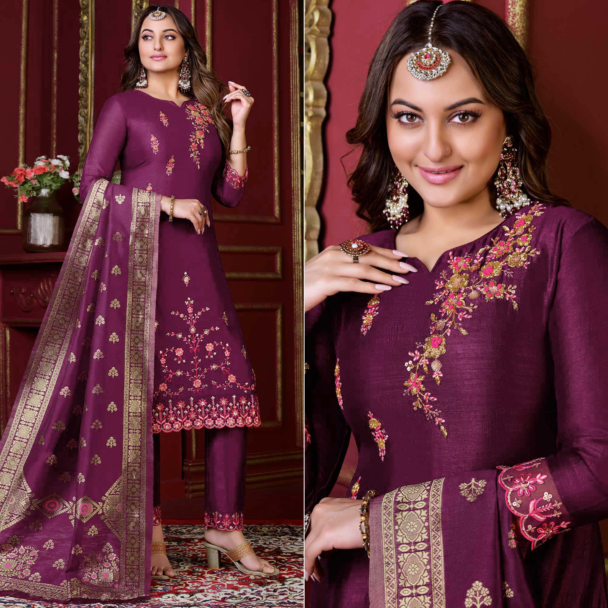 Purple Floral Sequins Embroidered Cotton Silk Suit