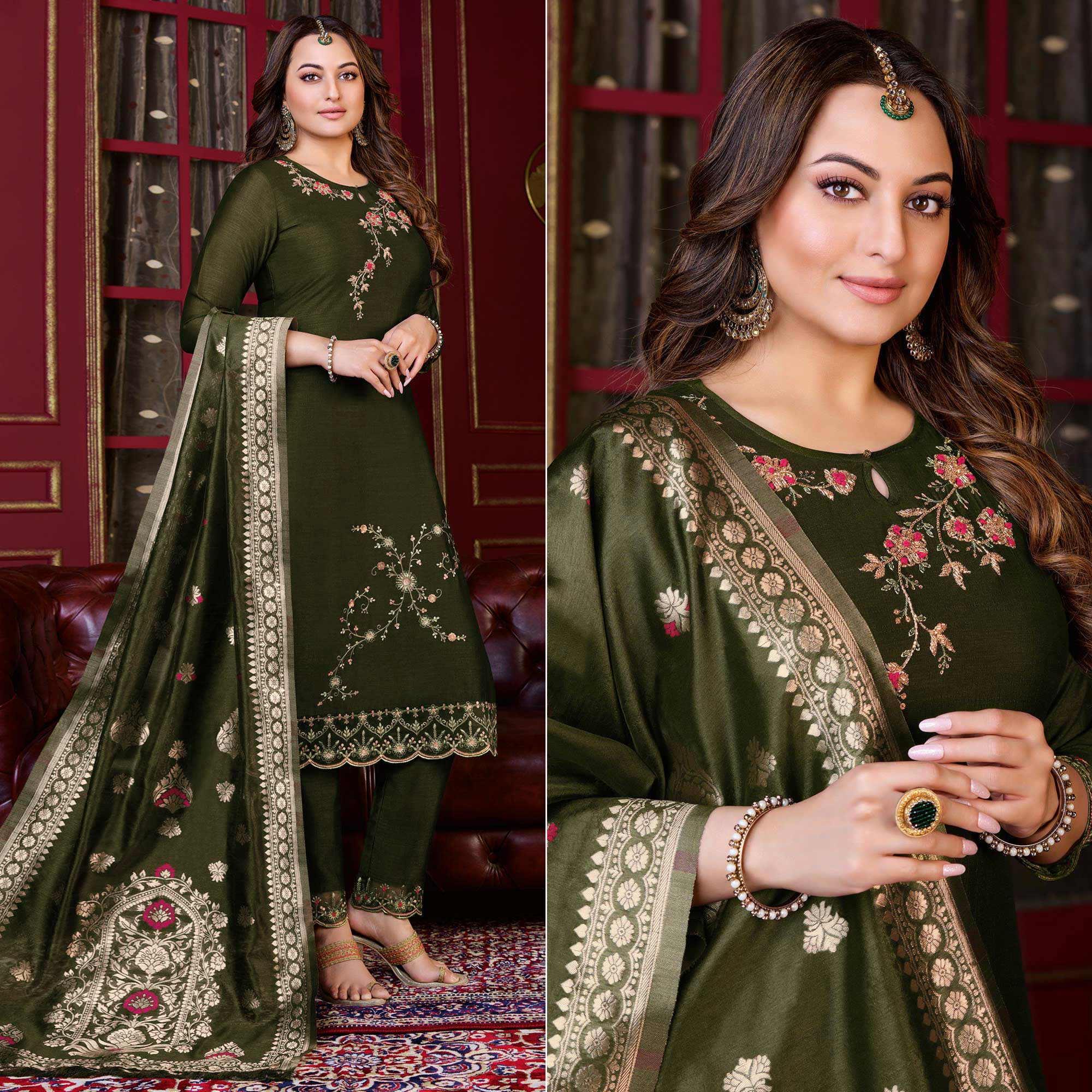 Mehendi Green Floral Sequins Embroidered Cotton Silk Suit
