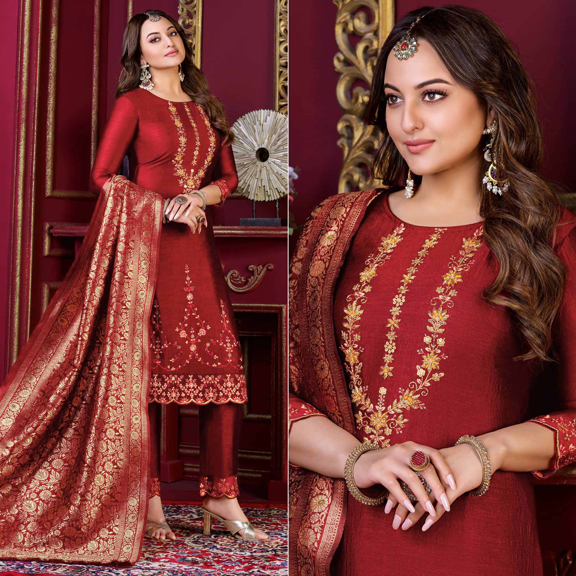 Red Floral Sequins Embroidered Cotton Silk Suit