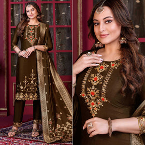 Brown Floral Sequins Embroidered Cotton Silk Suit