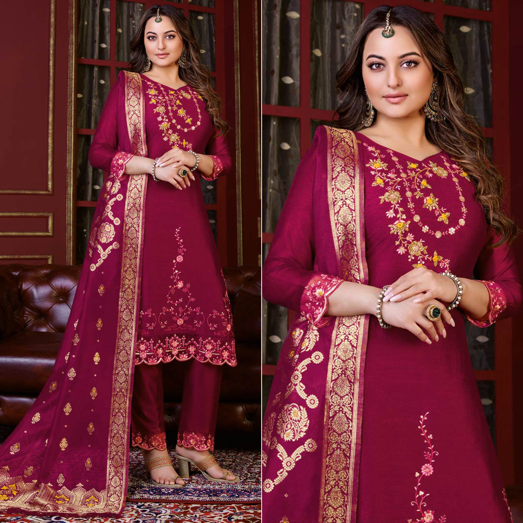 Rani Pink Floral Sequins Embroidered Cotton Silk Suit