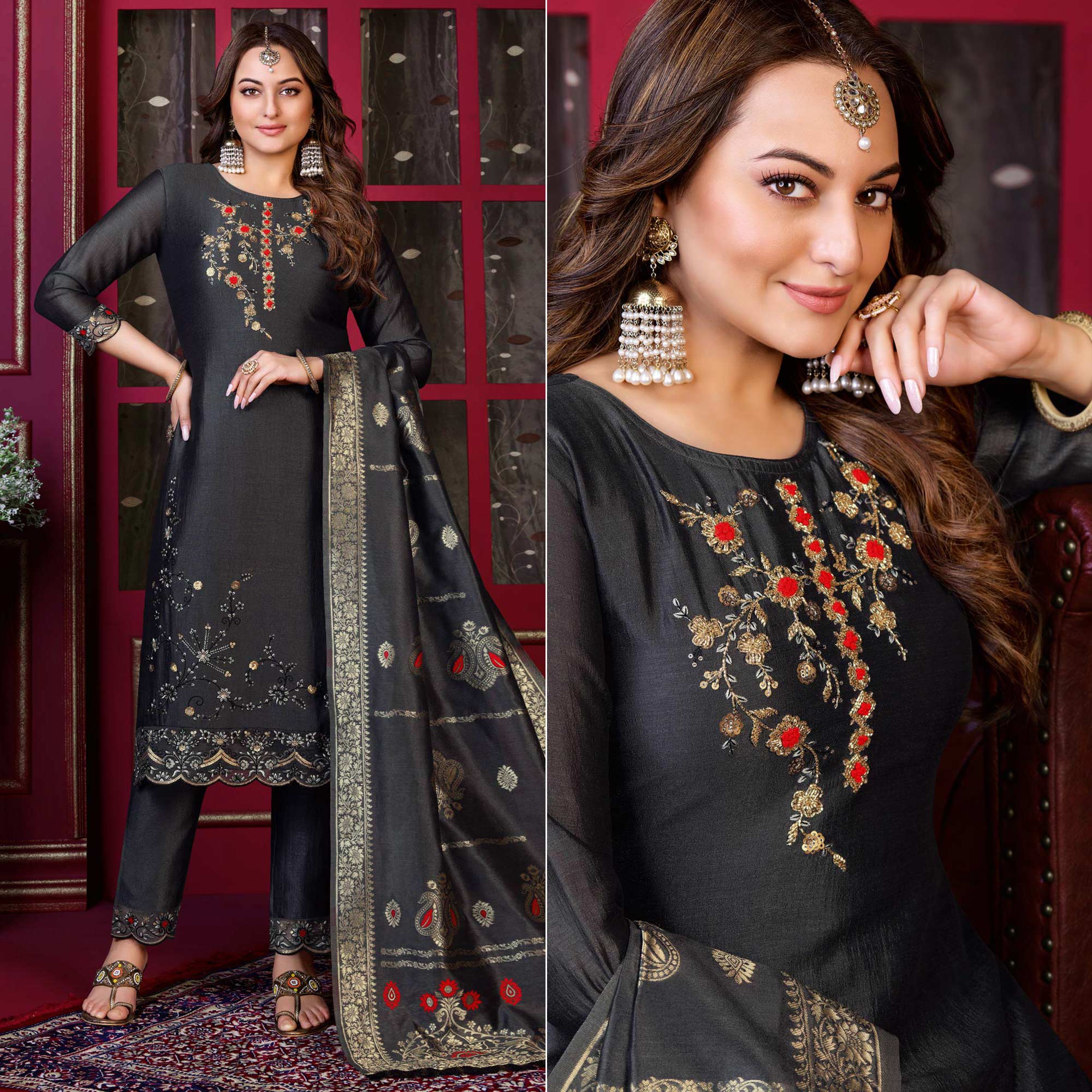 Grey Floral Sequins Embroidered Cotton Silk Suit