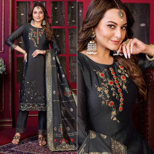 Grey Floral Sequins Embroidered Cotton Silk Suit