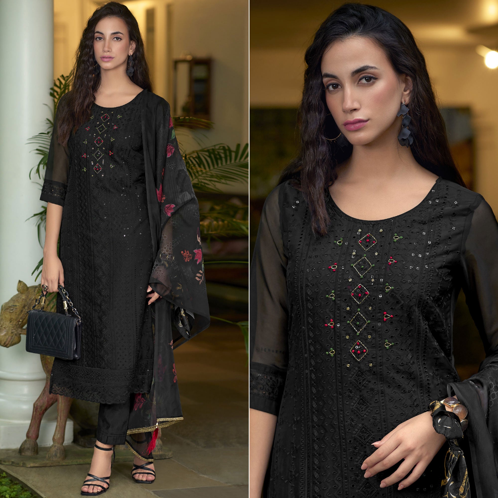 Black Chikankari With Handwork Organza Salwar Suit