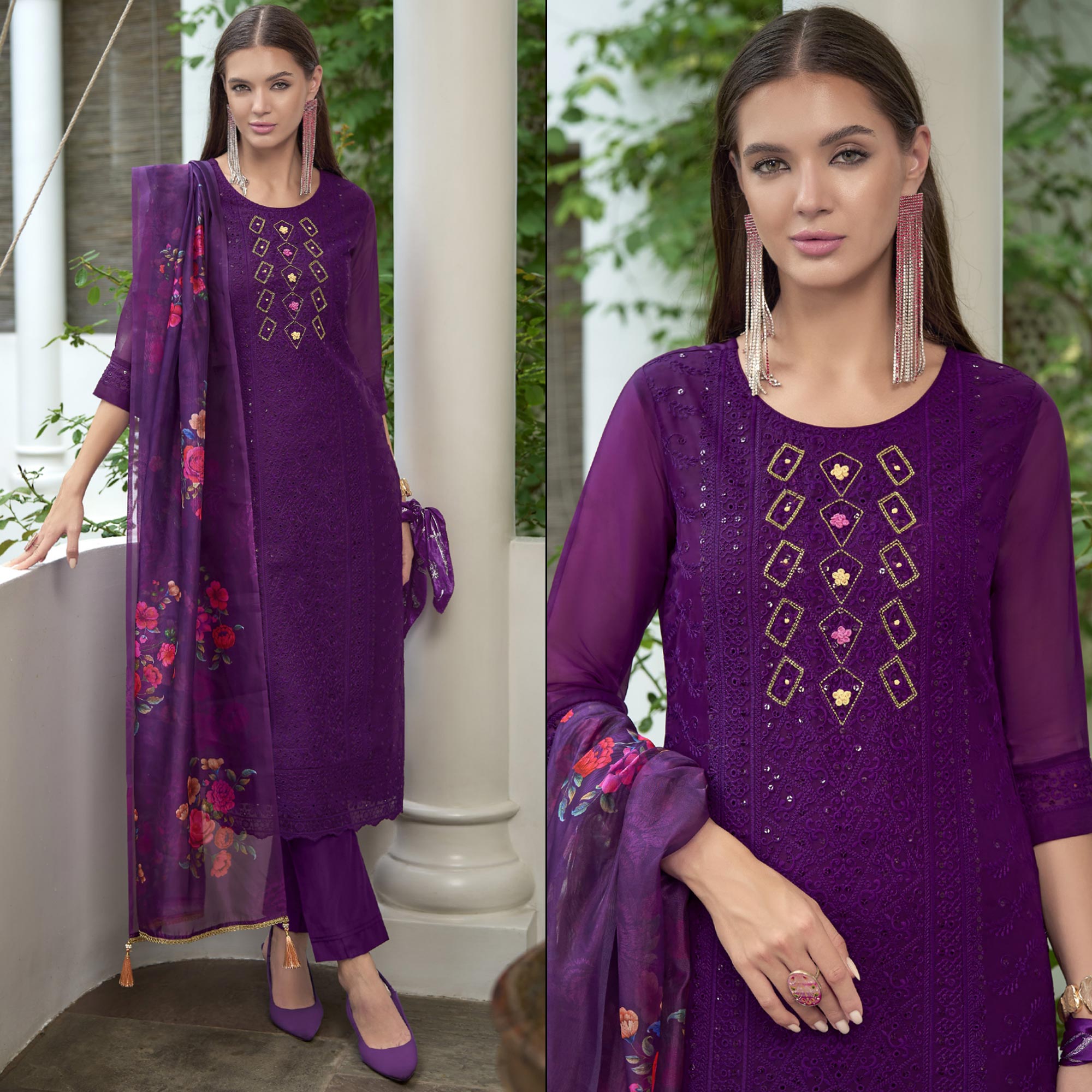 Purple Chikankari With Handwork Organza Salwar Suit