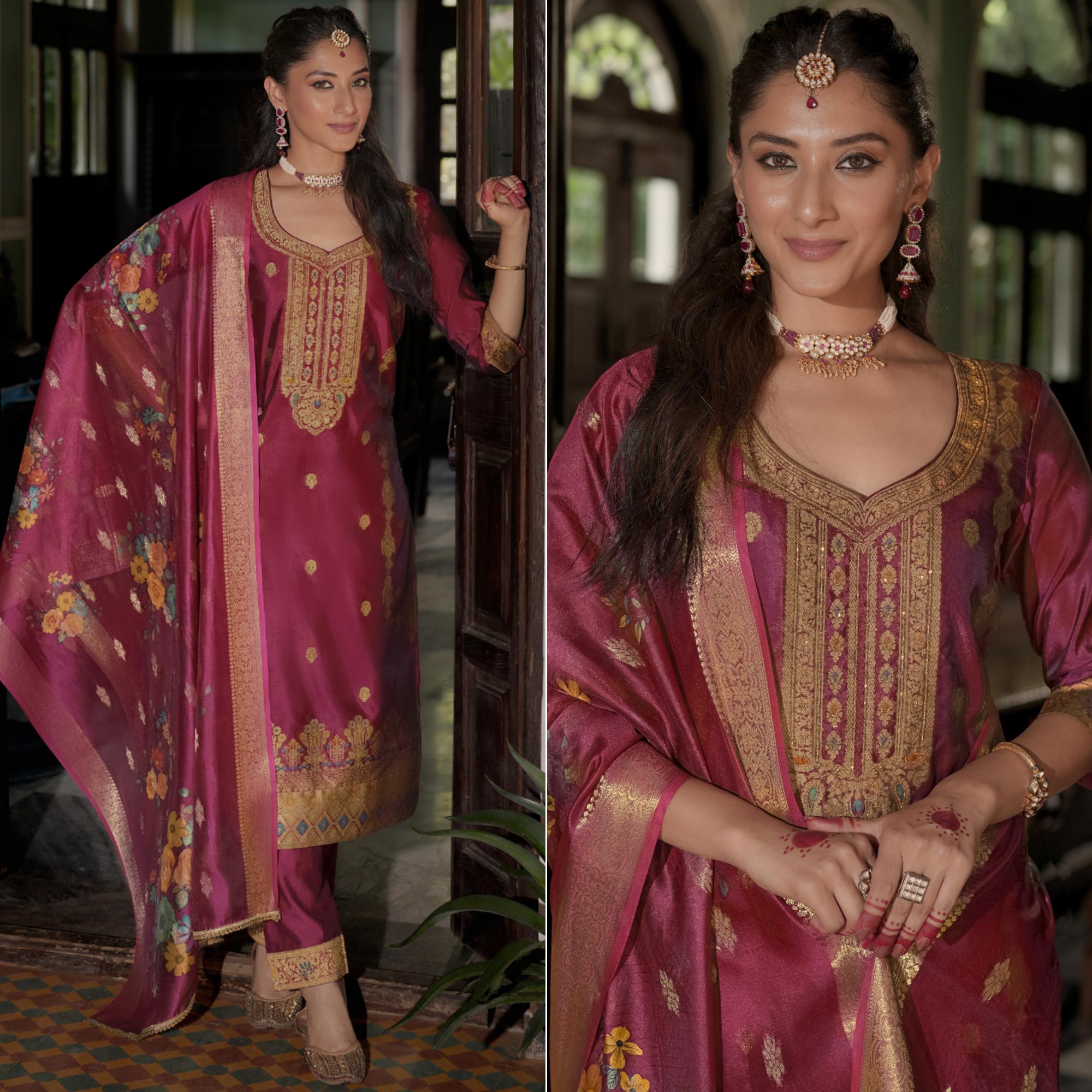 Pink Floral Woven With Handwork Organza Salwar Suit