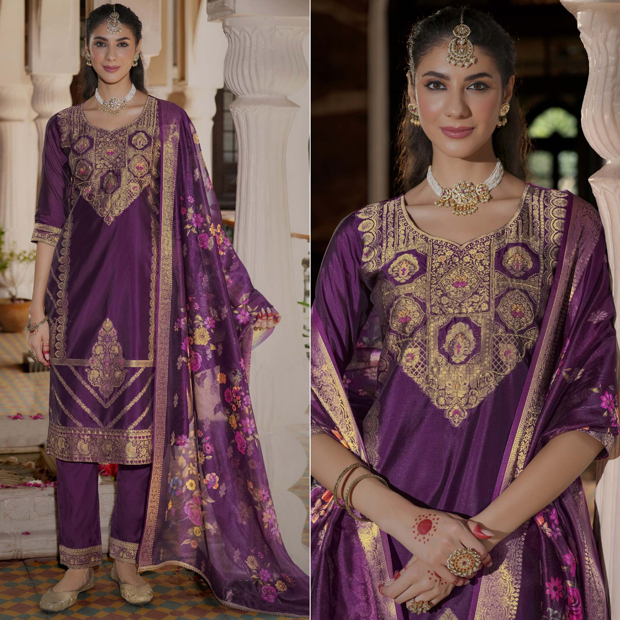 Purple Floral Woven With Handwork Organza Salwar Suit