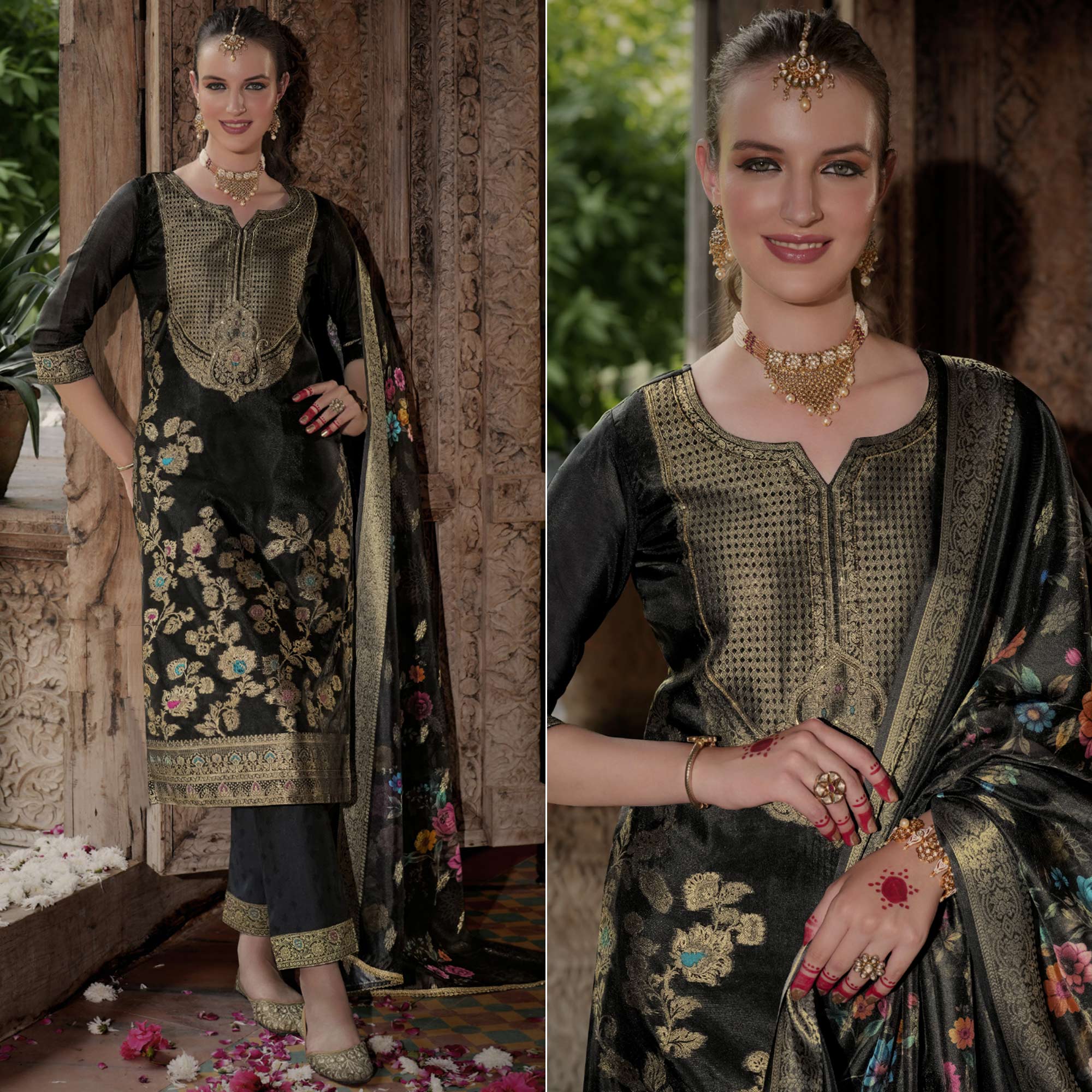 Black Floral Woven With Handwork Organza Salwar Suit